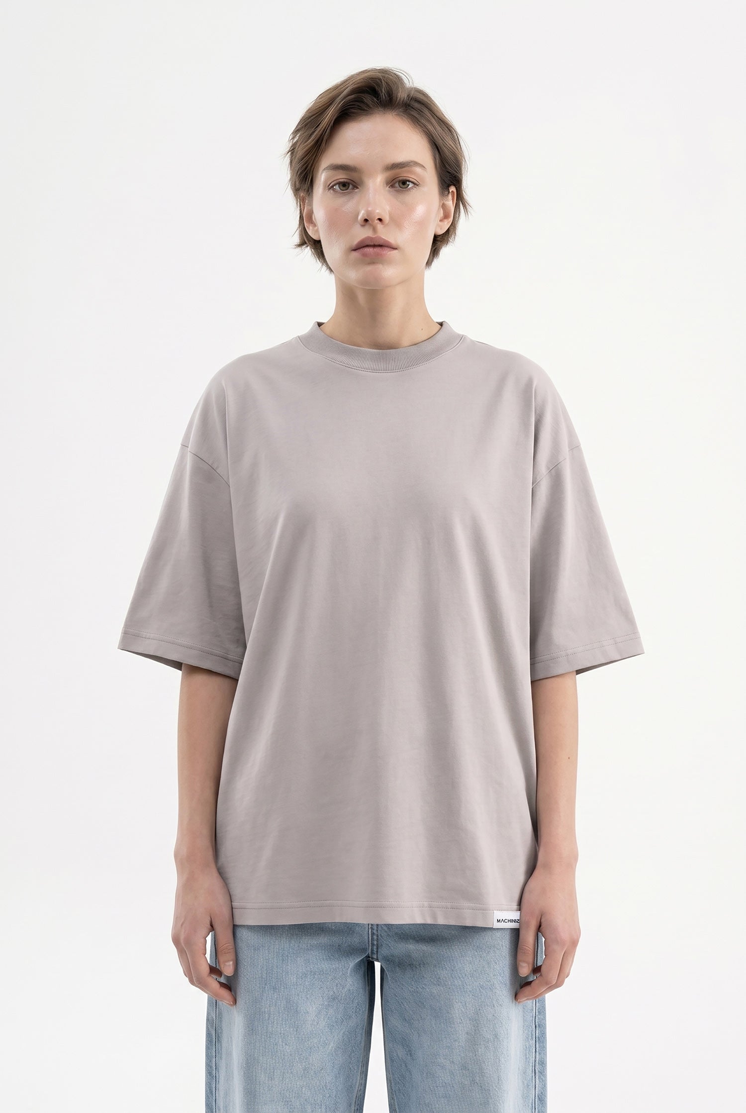 Kadın Basic Oversize Pamuklu Süprem T-Shirt Açık Gri