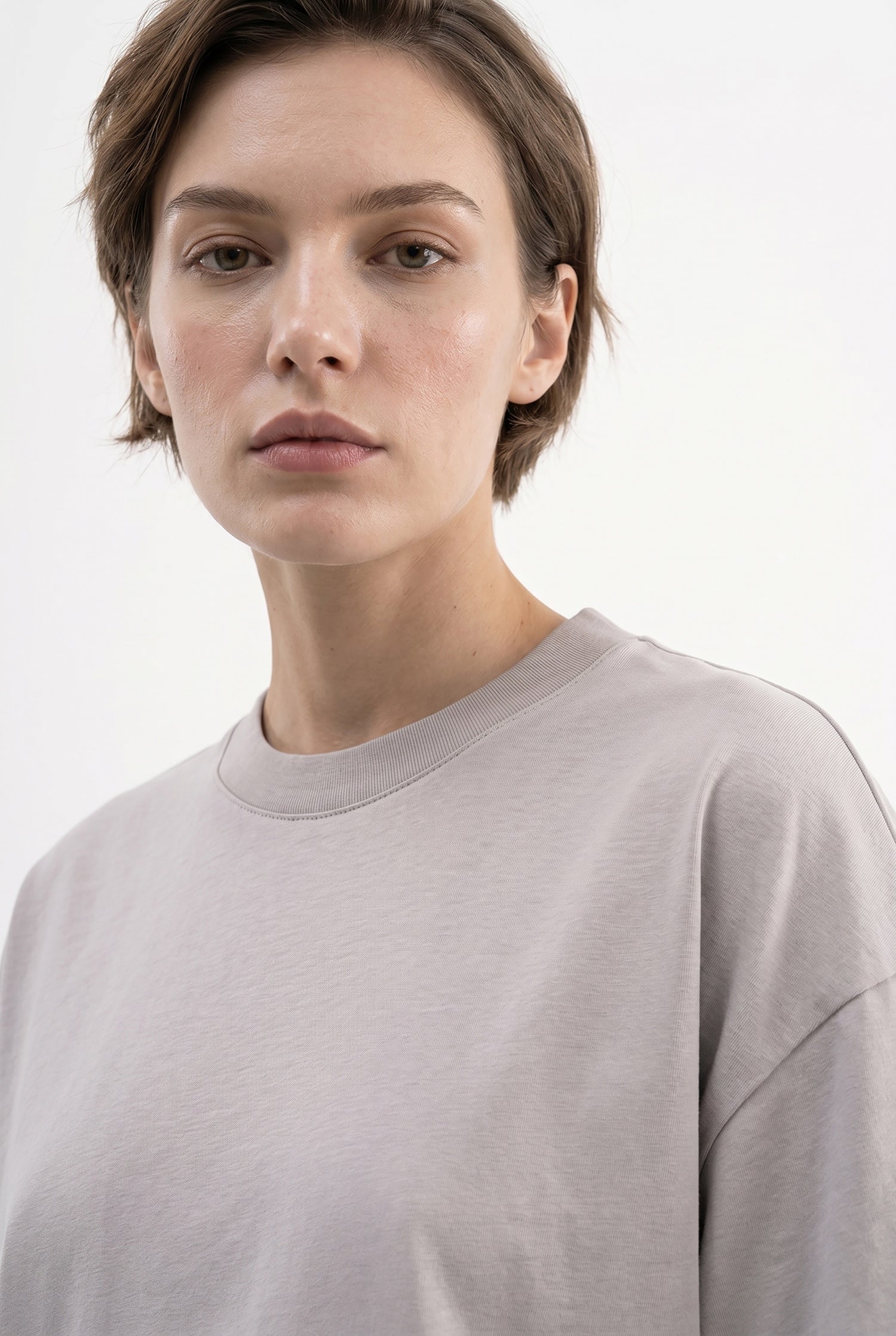 Kadın Basic Oversize Pamuklu Süprem T-Shirt Açık Gri-3