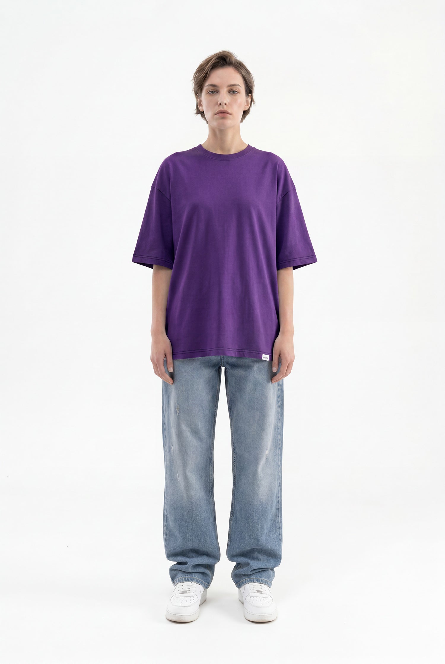 Kadın Basic Oversize Pamuklu Süprem T-Shirt Açık Mor-4