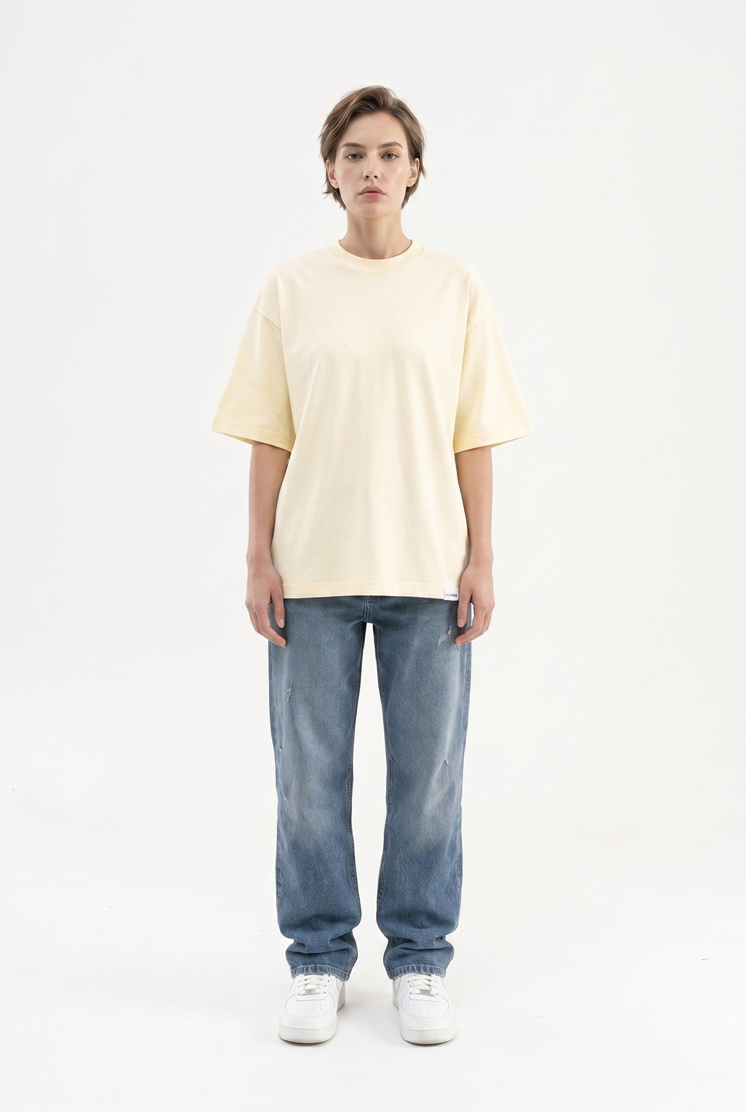 Kadın Basic Oversize Pamuklu Süprem T-Shirt Açık Sarı-4
