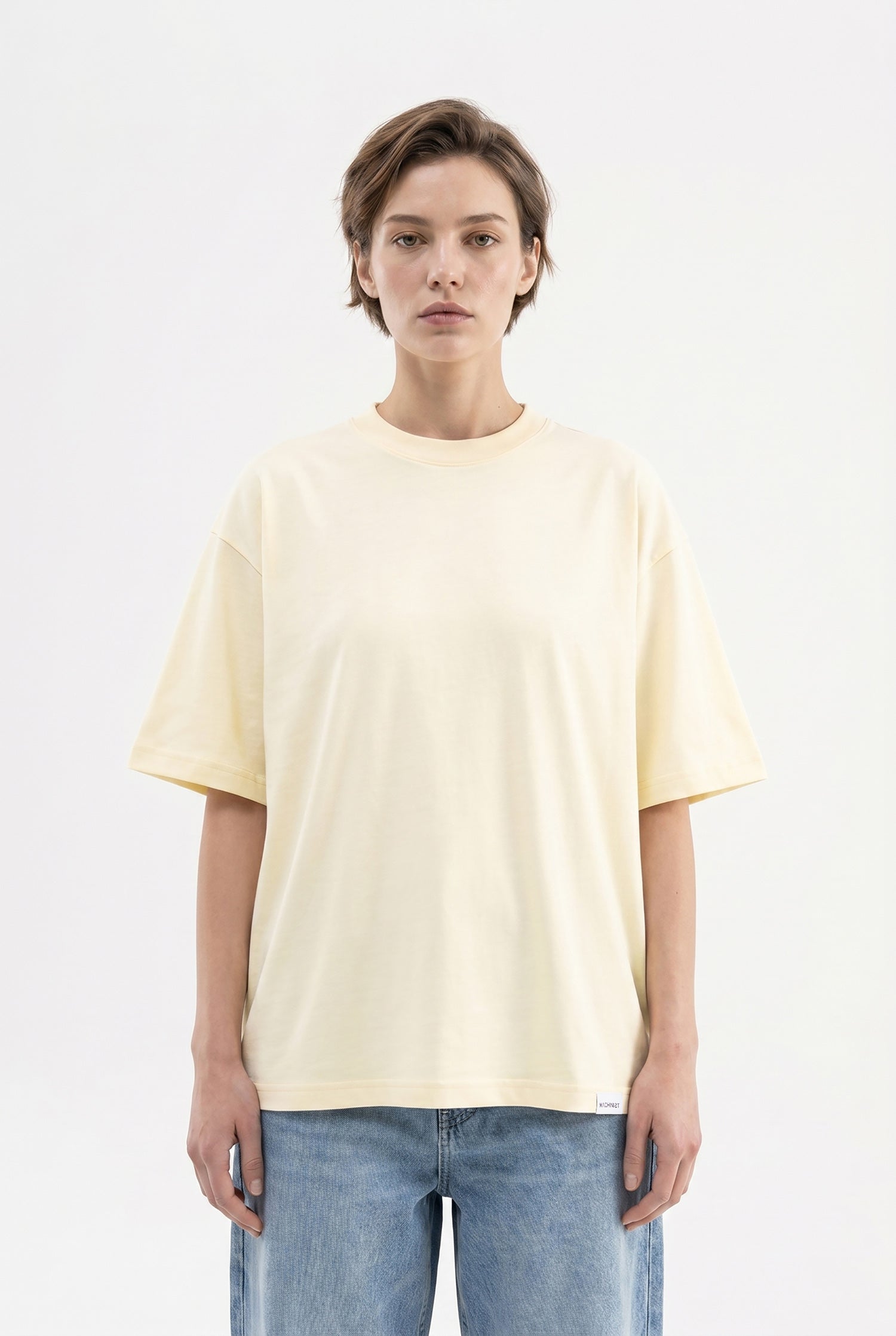 Kadın Basic Oversize Pamuklu Süprem T-Shirt Açık Sarı