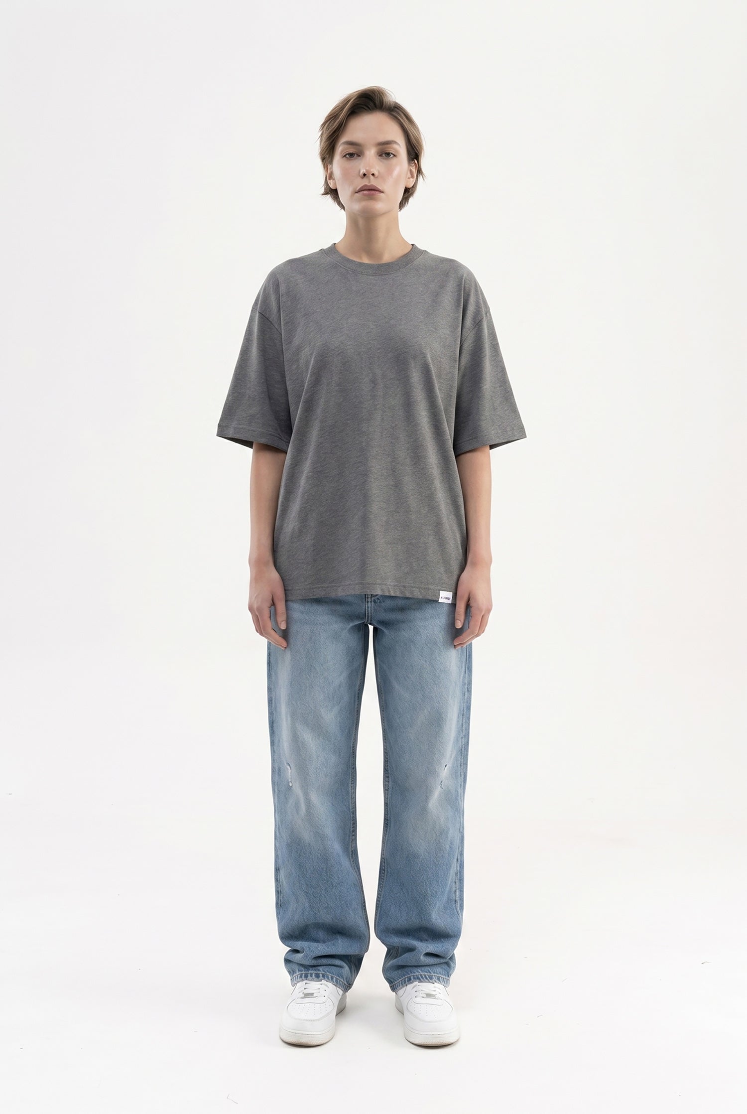 Kadın Basic Oversize Pamuklu Süprem T-Shirt Antrasit-4