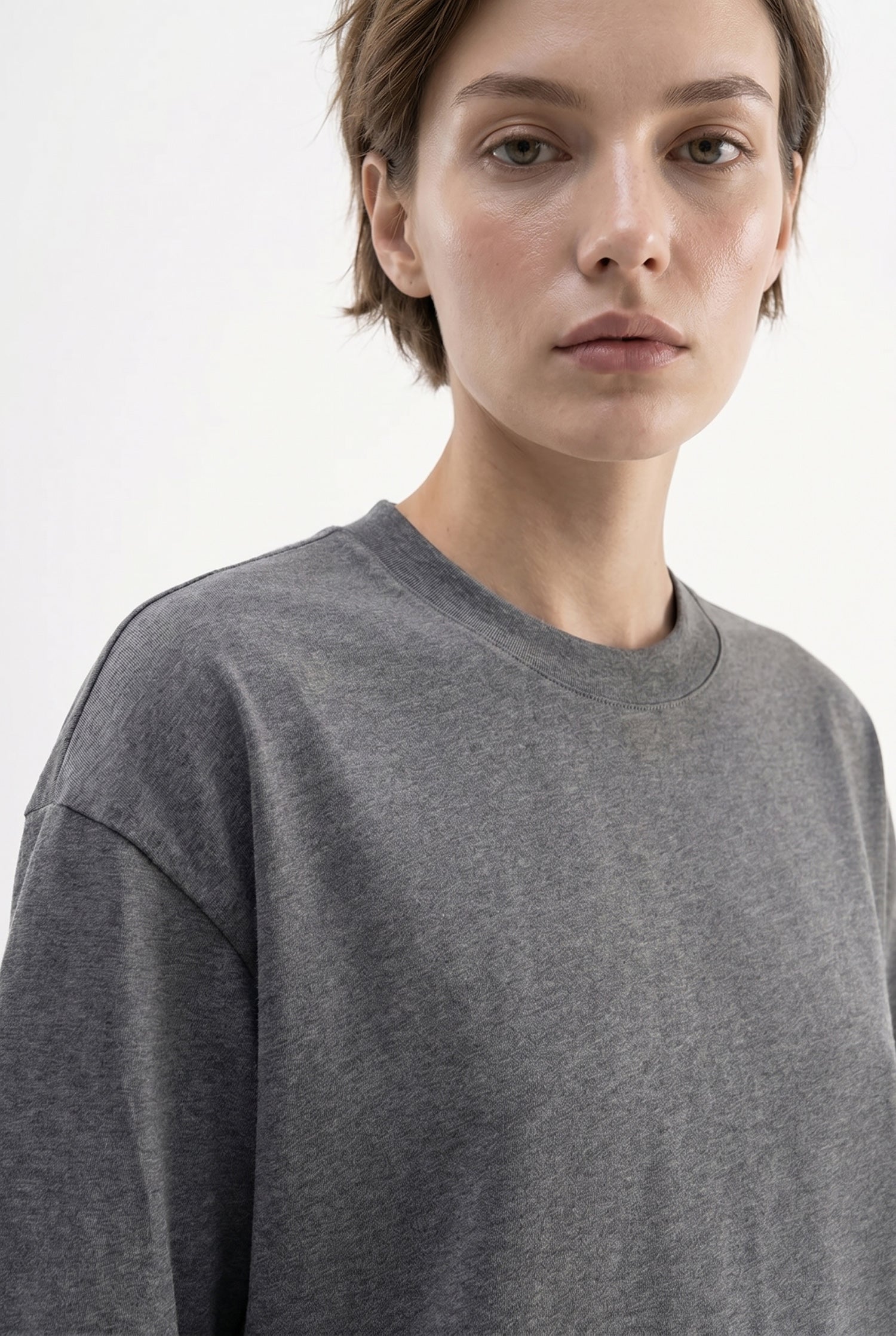 Kadın Basic Oversize Pamuklu Süprem T-Shirt Antrasit-3