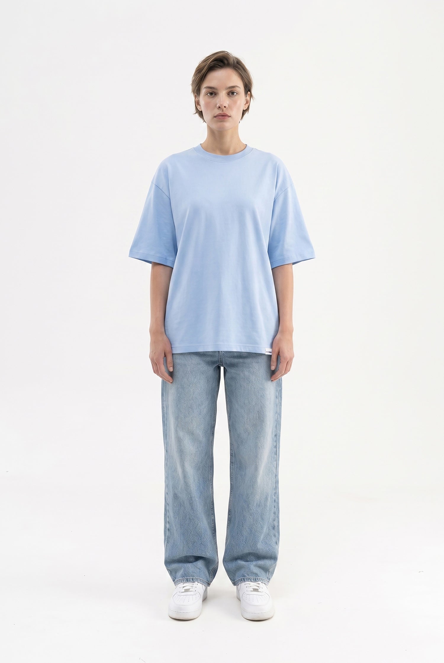 Kadın Basic Oversize Pamuklu Süprem T-Shirt Bebe Mavi-4
