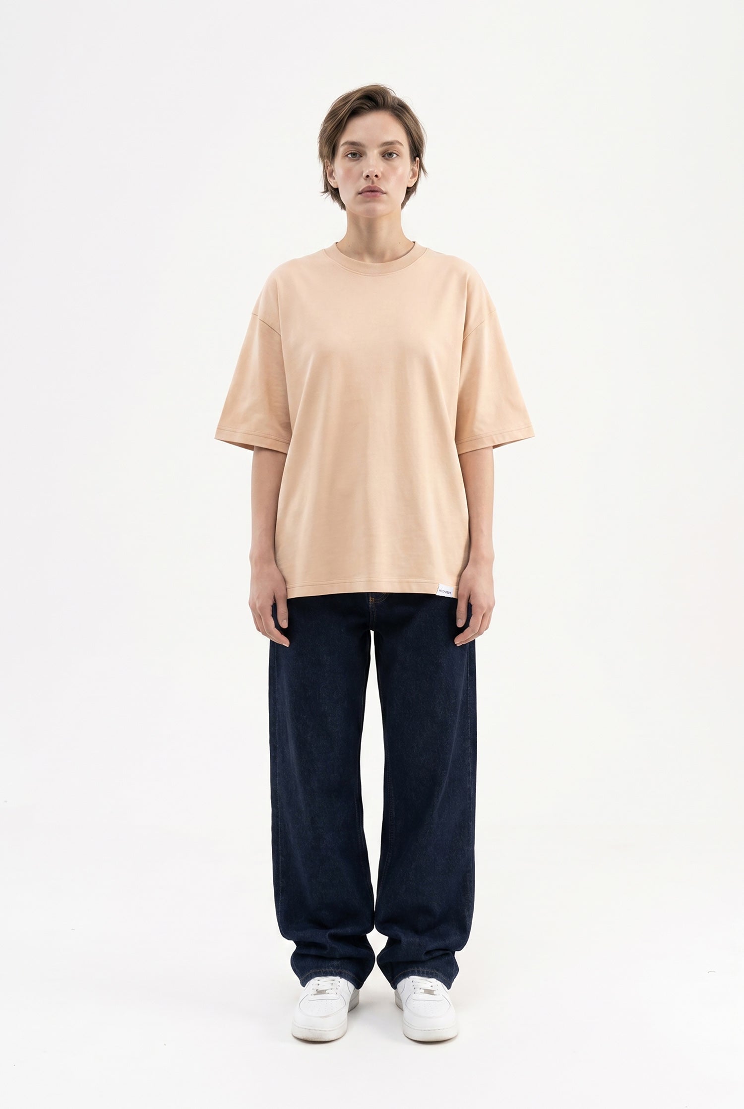 Kadın Basic Oversize Pamuklu Süprem T-Shirt Bej-4