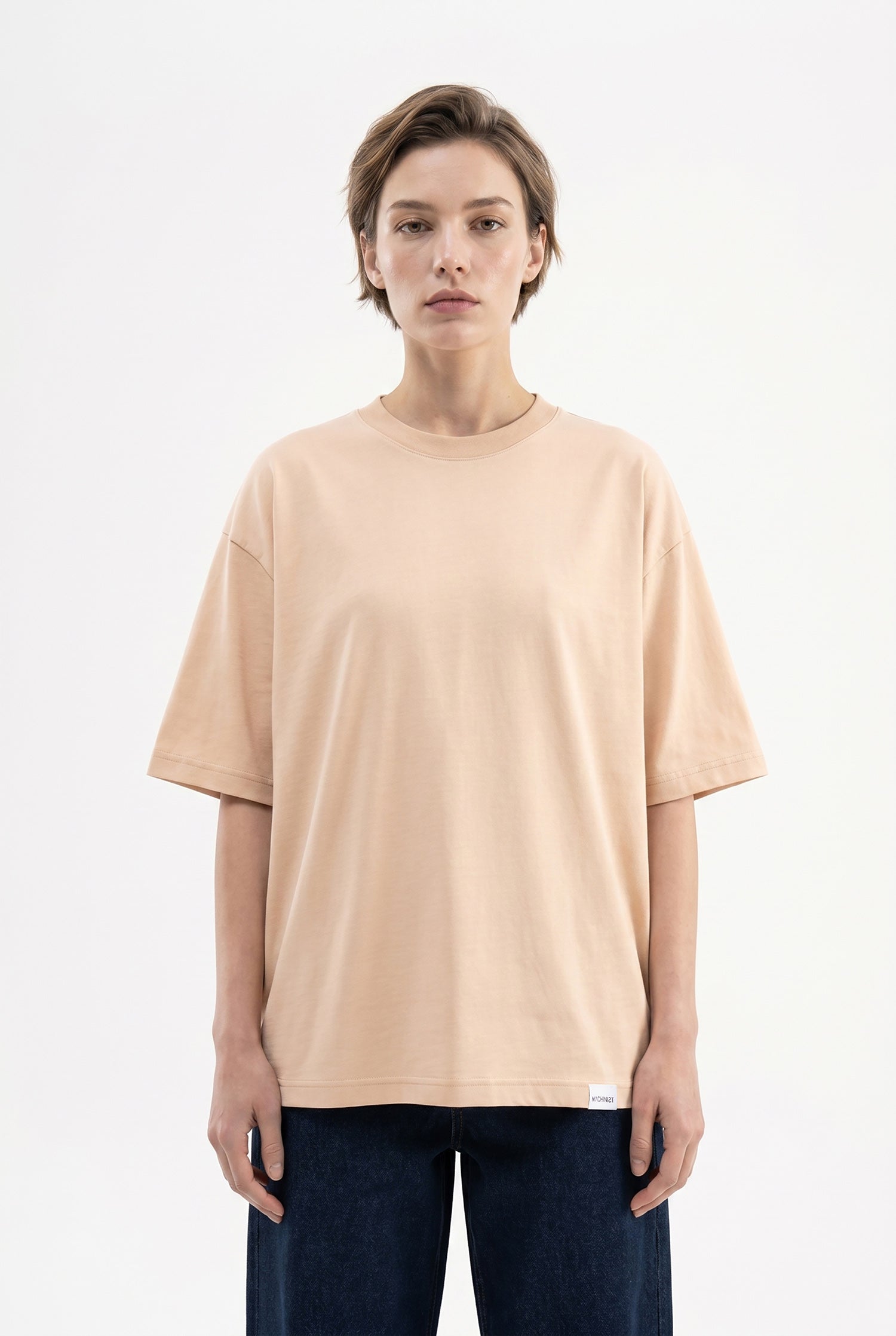 Kadın Basic Oversize Pamuklu Süprem T-Shirt Bej