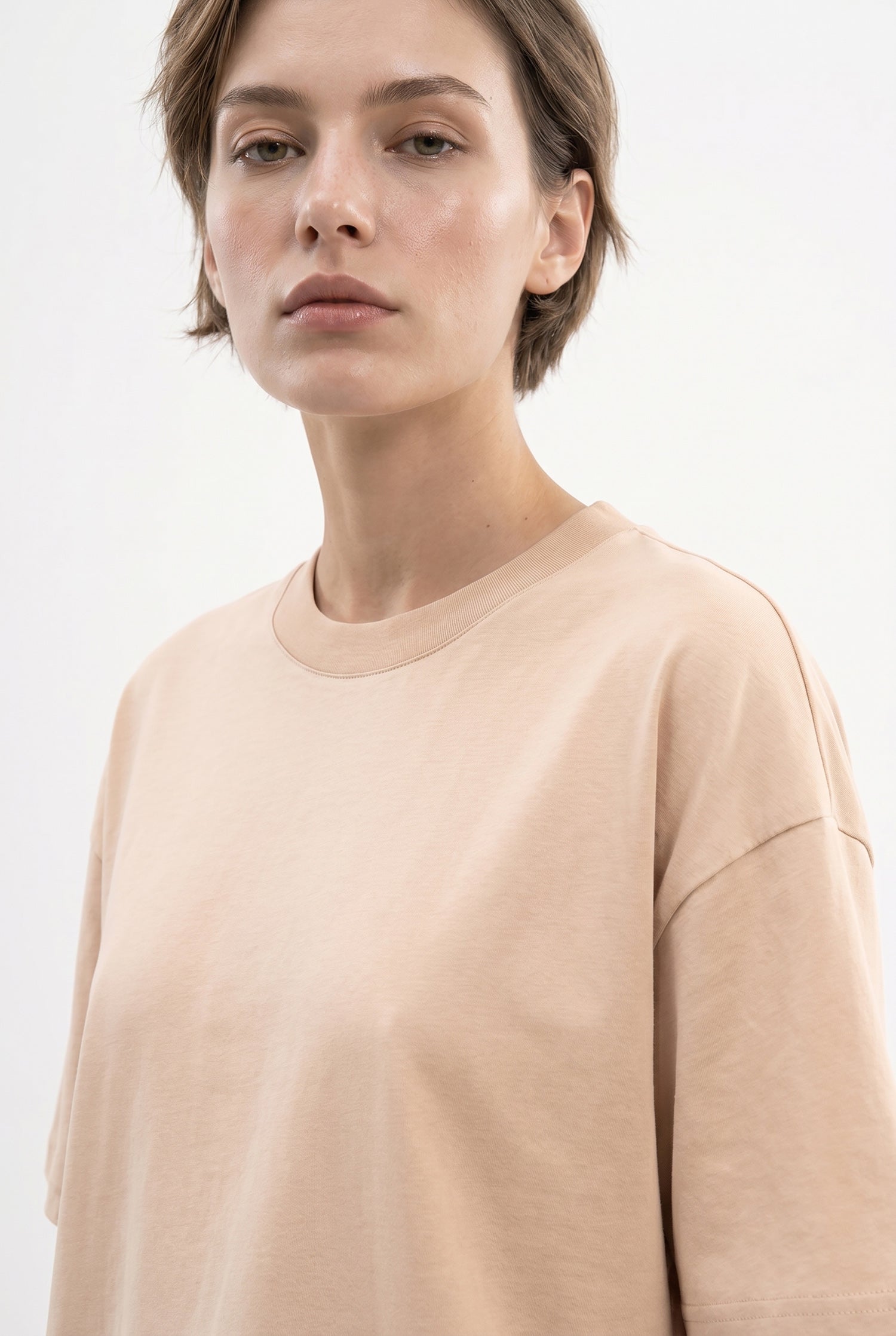 Kadın Basic Oversize Pamuklu Süprem T-Shirt Bej-3