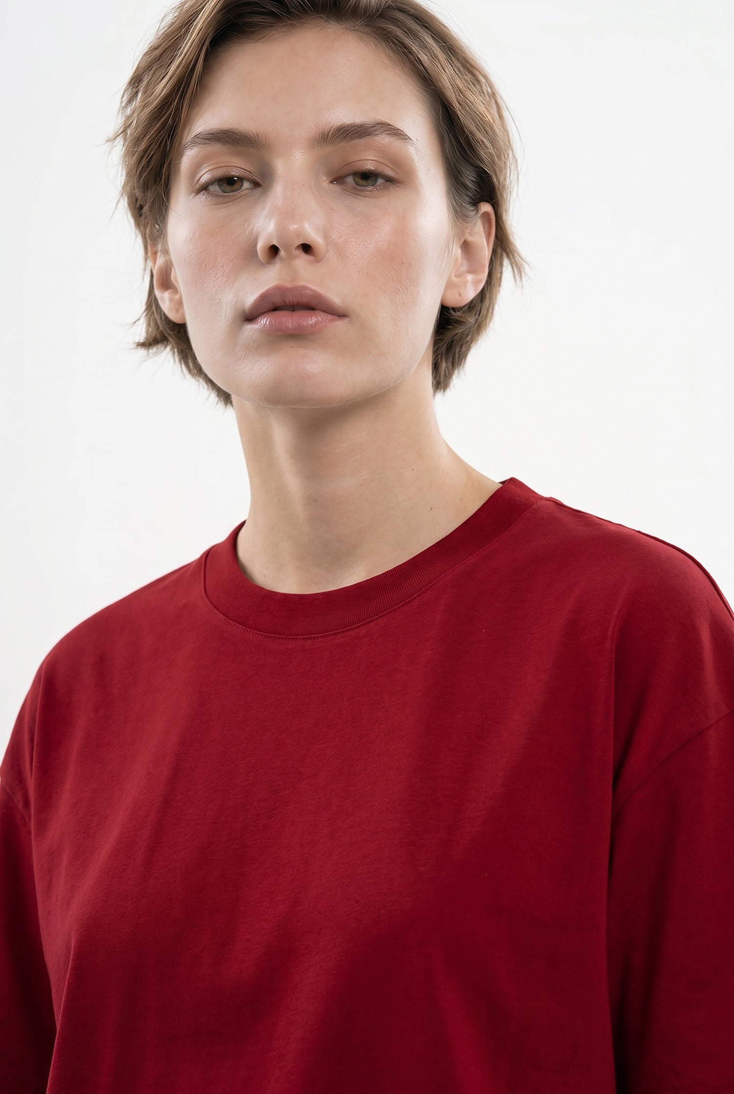 Kadın Basic Oversize Pamuklu Süprem T-Shirt Bordo