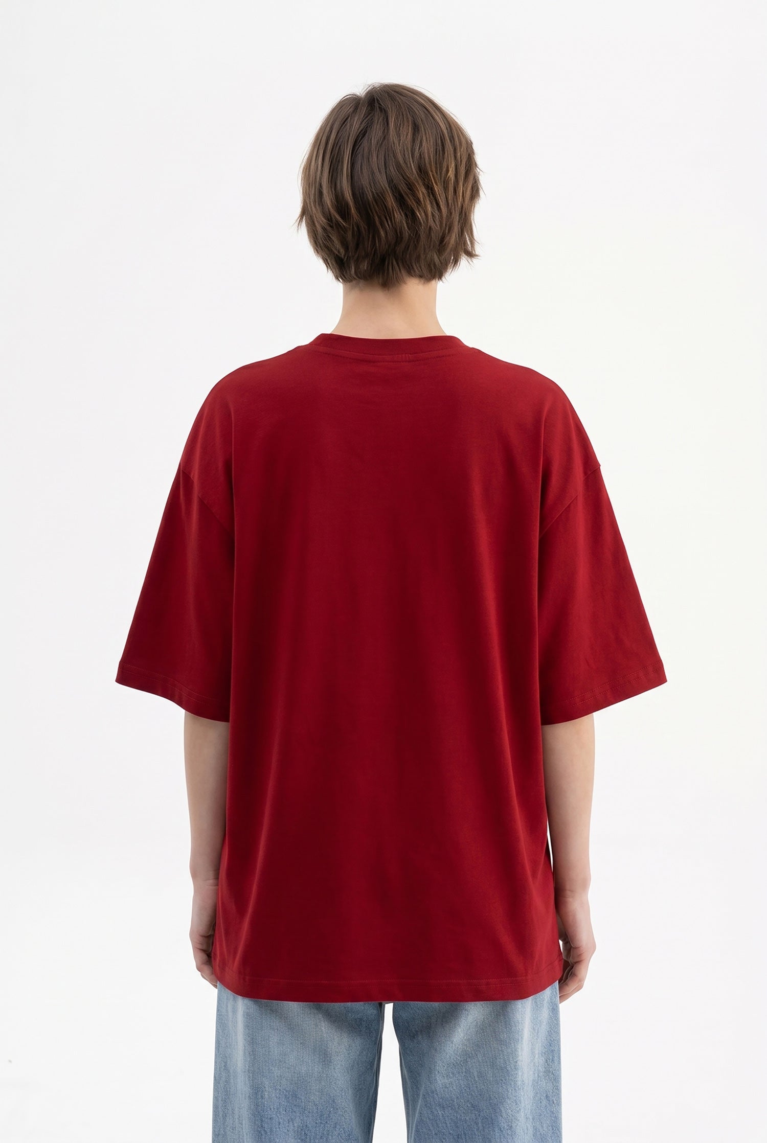 Kadın Basic Oversize Pamuklu Süprem T-Shirt Bordo-3