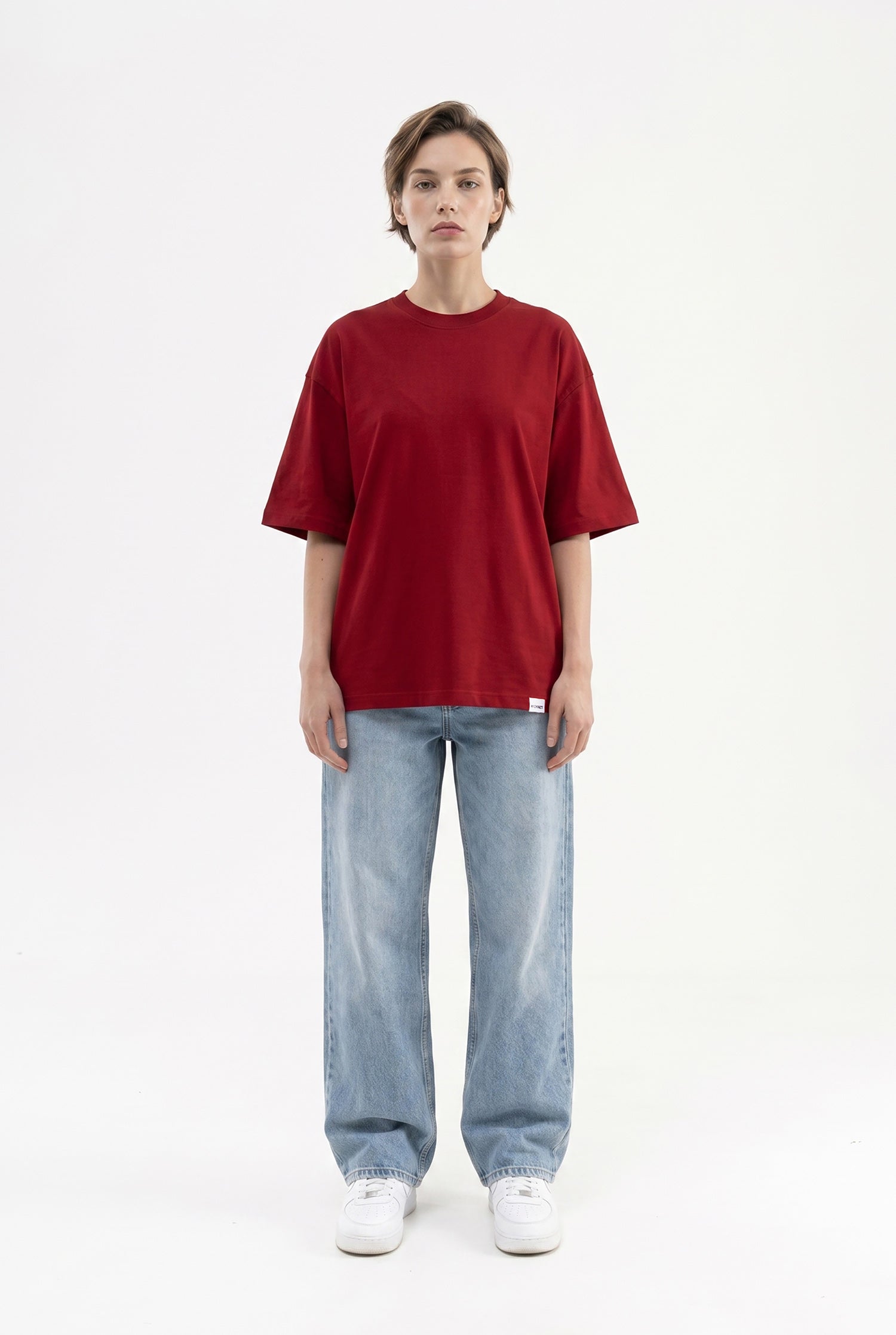 Kadın Basic Oversize Pamuklu Süprem T-Shirt Bordo-4