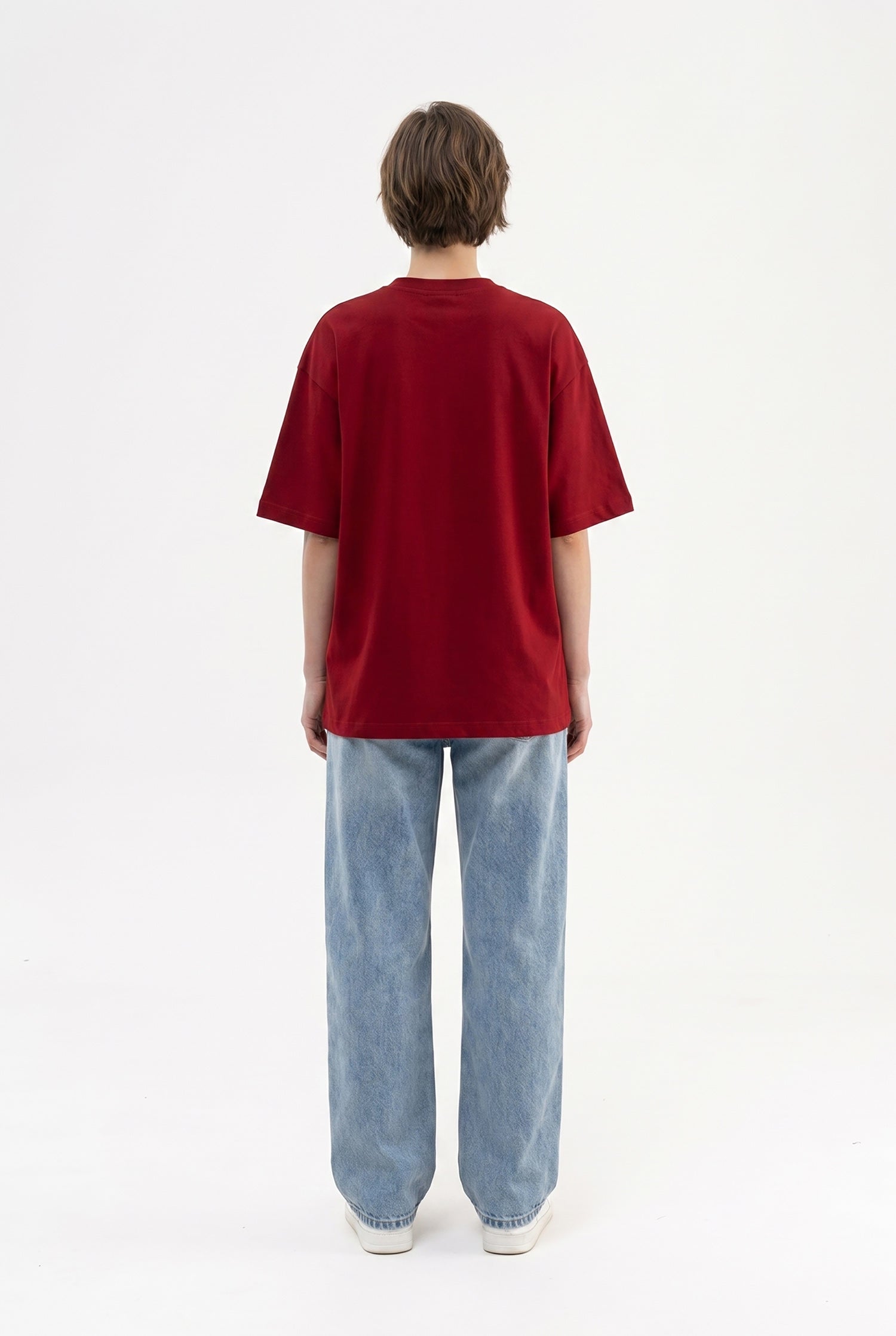 Kadın Basic Oversize Pamuklu Süprem T-Shirt Bordo-5