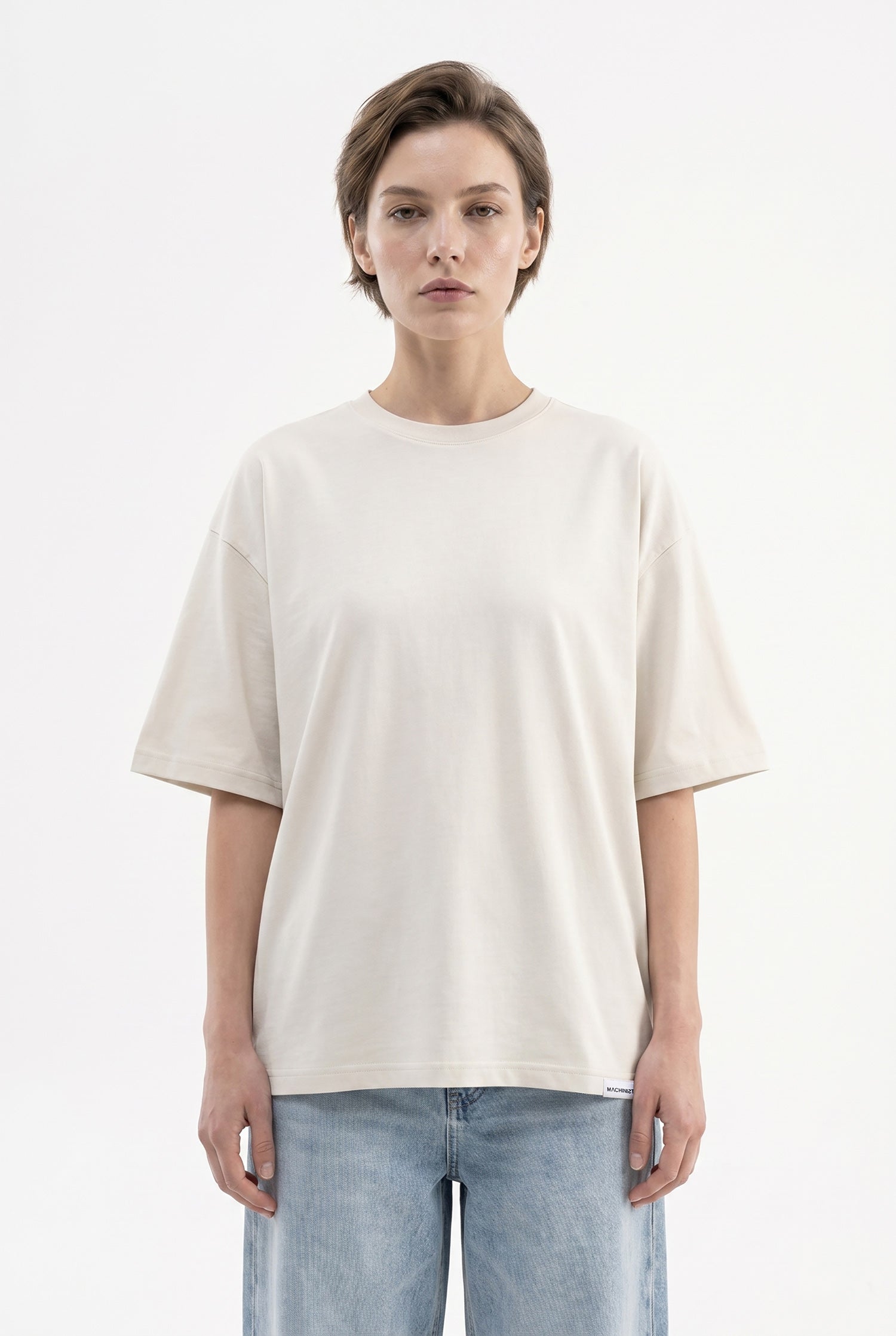 Kadın Basic Oversize Pamuklu Süprem T-Shirt Boyama Gri