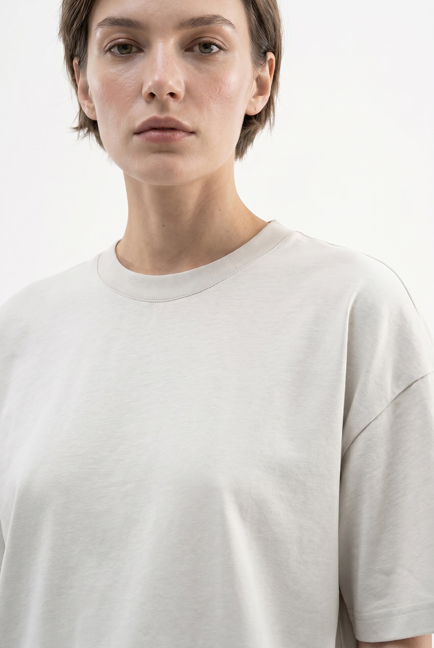 Kadın Basic Oversize Pamuklu Süprem T-Shirt Boyama Gri-3