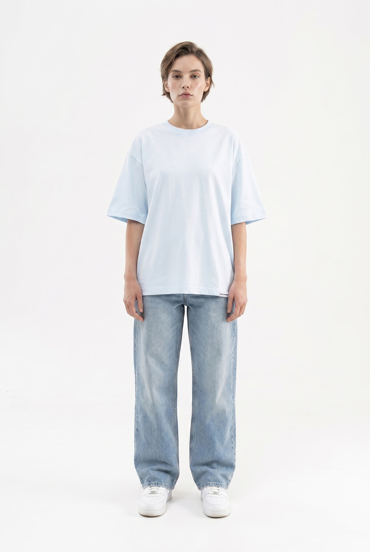 Kadın Basic Oversize Pamuklu Süprem T-Shirt Buz Mavisi-4