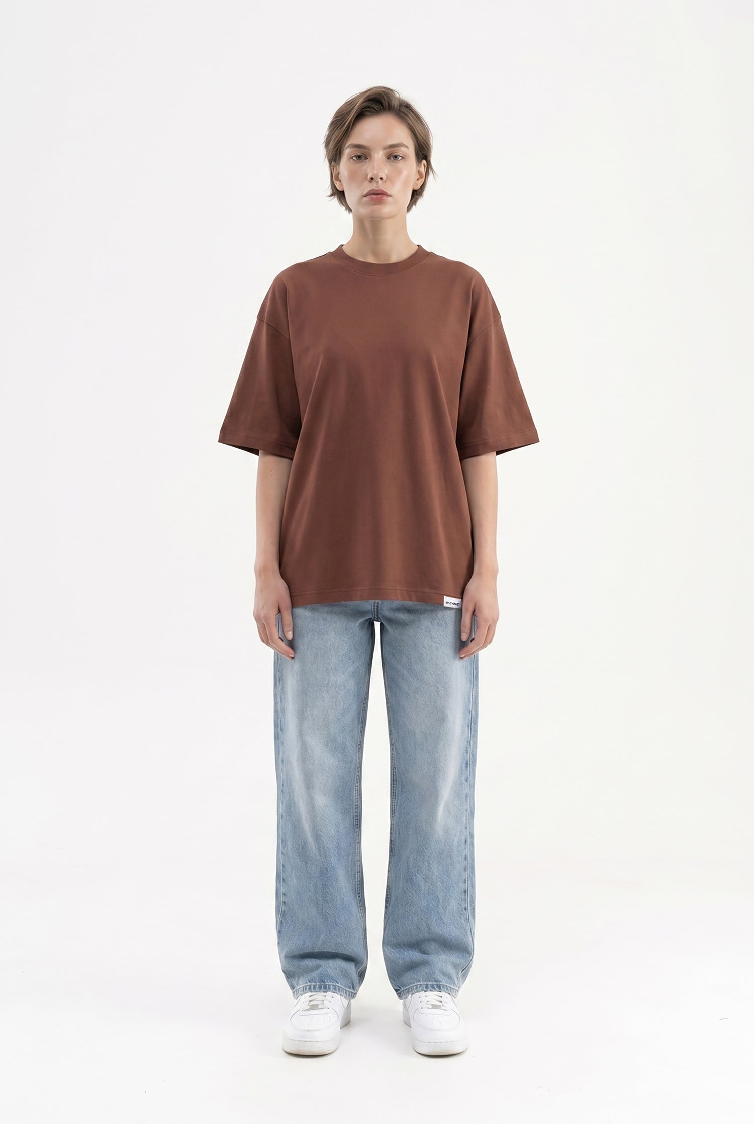 Kadın Basic Oversize Pamuklu Süprem T-Shirt Çikolata-4