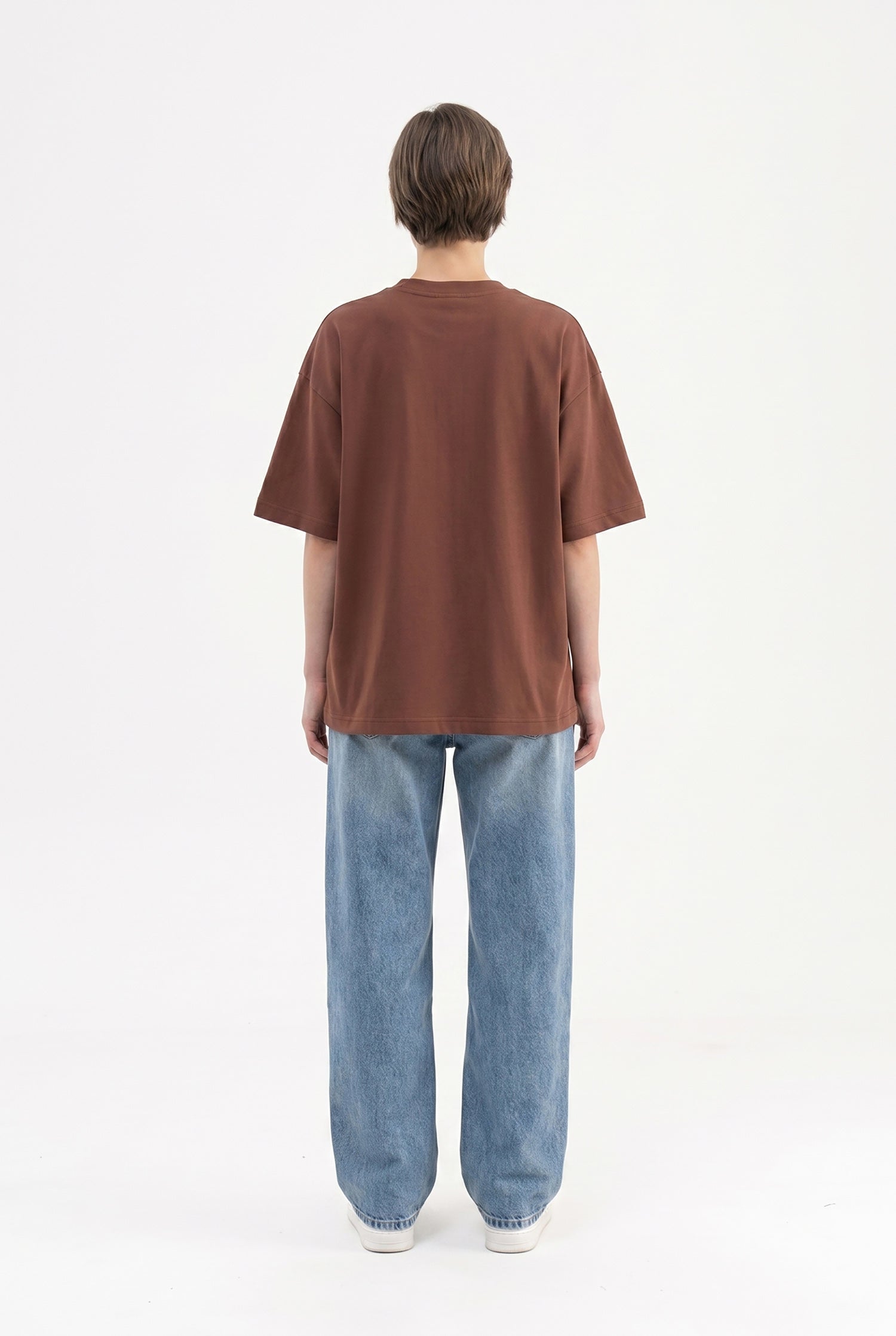 Kadın Basic Oversize Pamuklu Süprem T-Shirt Çikolata-5