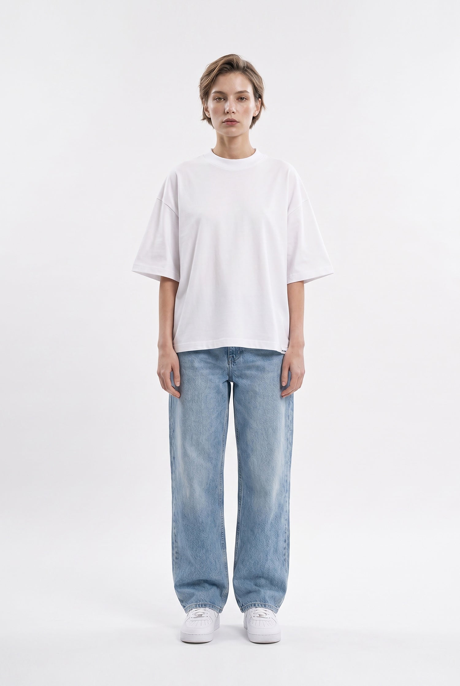 Kadın Basic Oversize Pamuklu Süprem T-Shirt Ekru-4