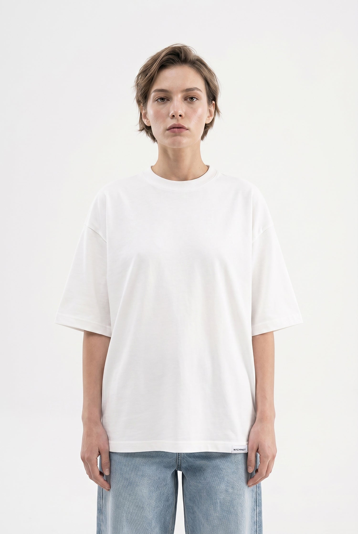 Kadın Basic Oversize Pamuklu Süprem T-Shirt Ekru