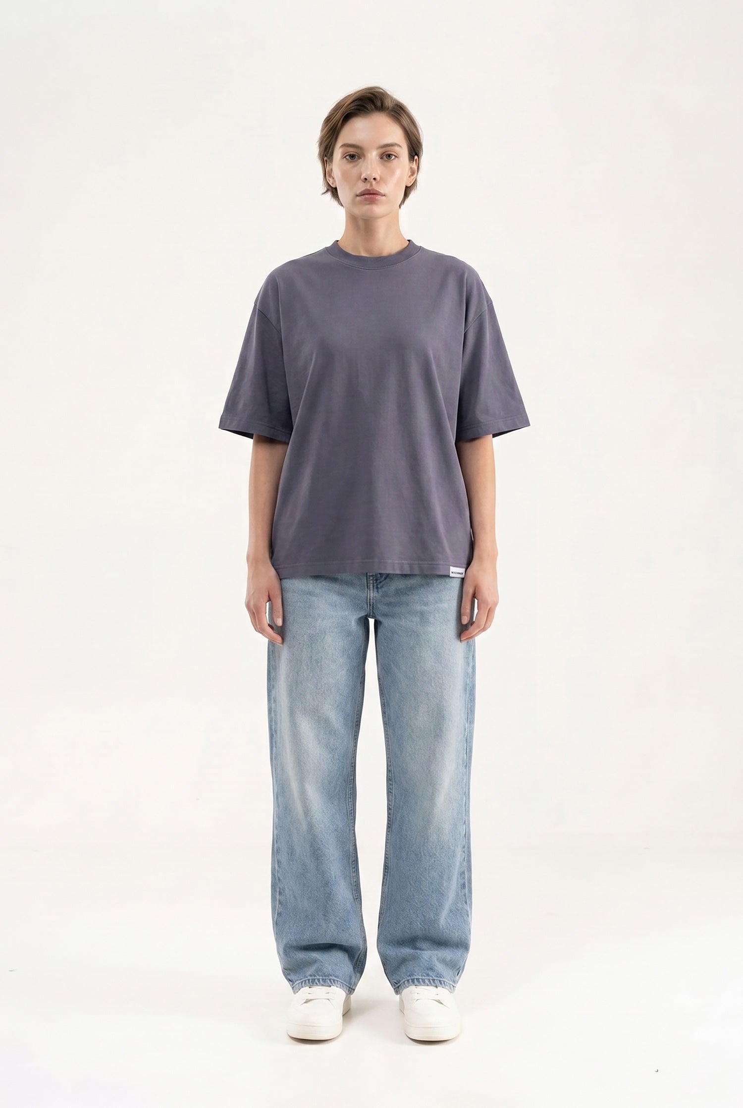 Kadın Basic Oversize Pamuklu Süprem T-Shirt Füme-4