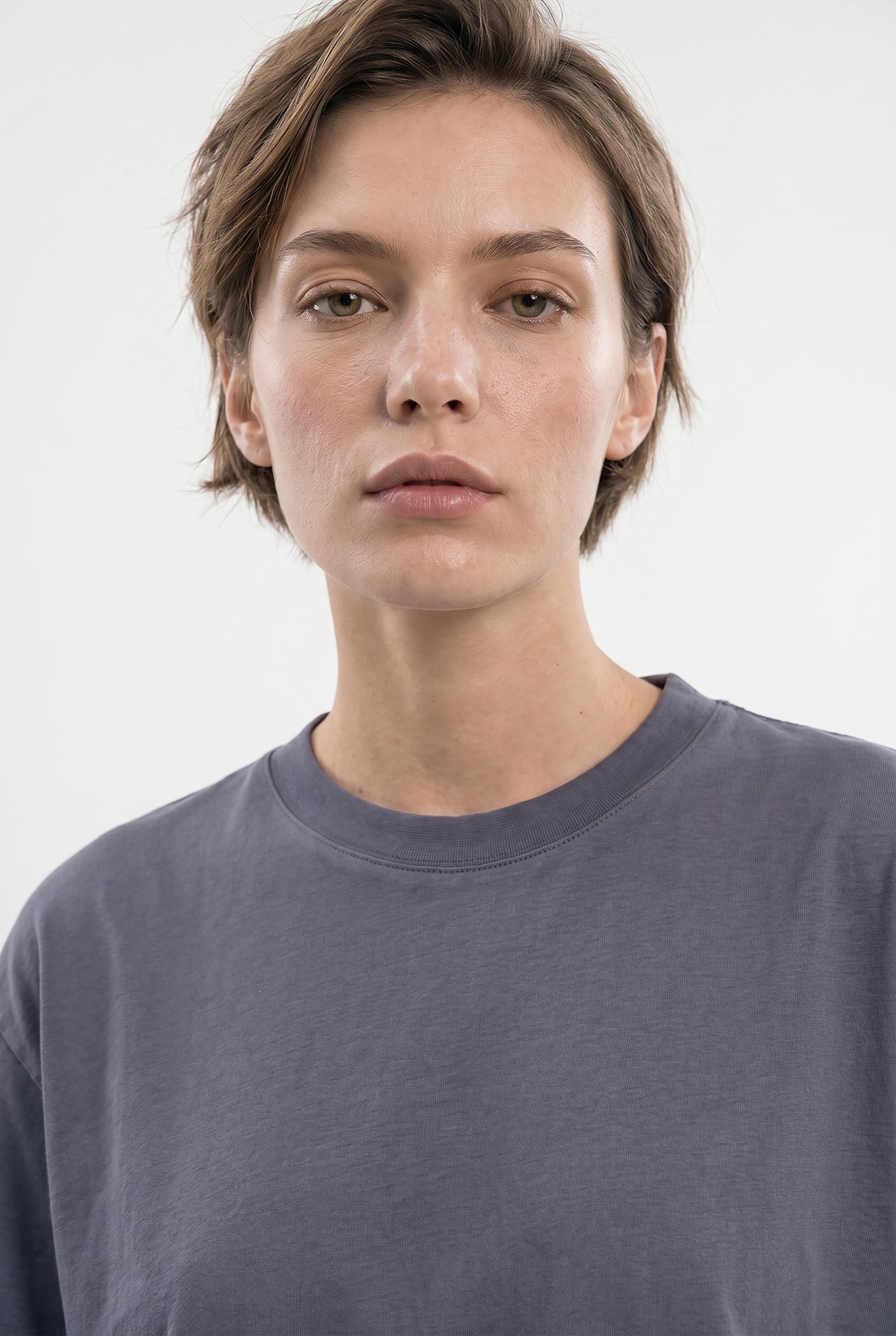 Kadın Basic Oversize Pamuklu Süprem T-Shirt Füme-3