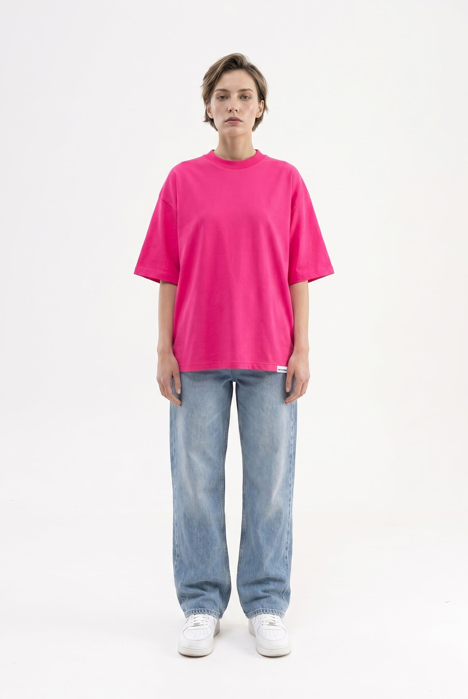 Kadın Basic Oversize Pamuklu Süprem T-Shirt Fuşya-4