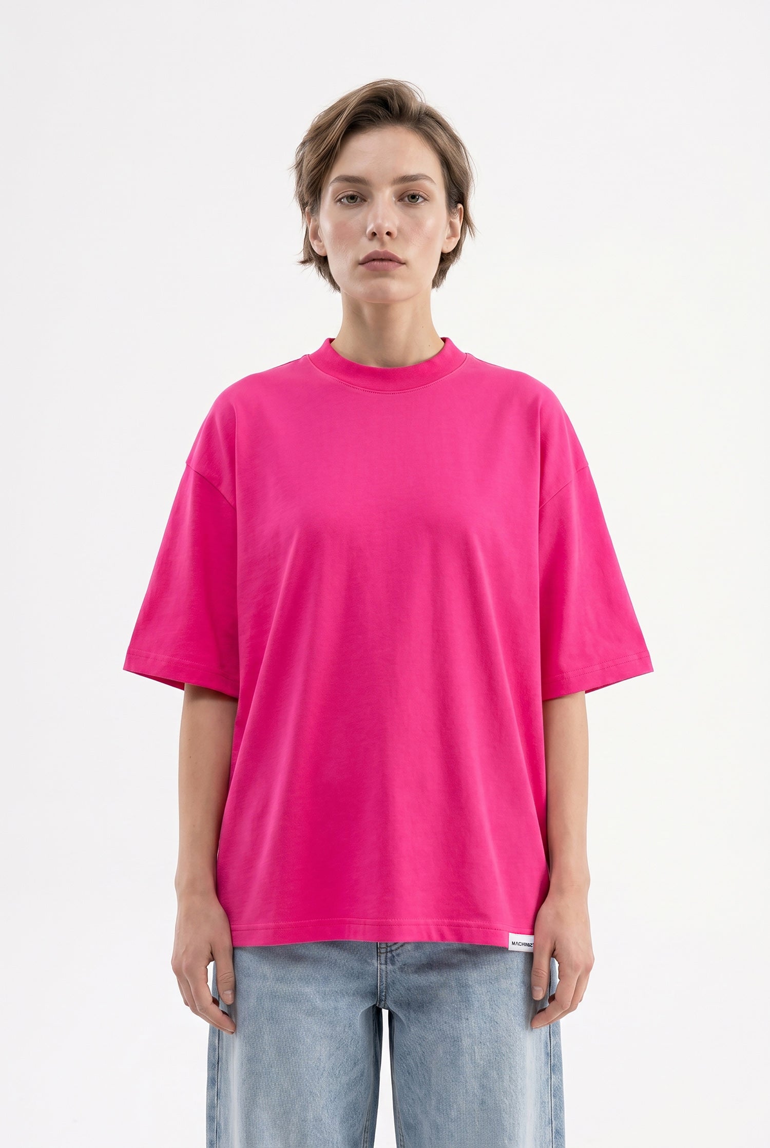 Kadın Basic Oversize Pamuklu Süprem T-Shirt Fuşya