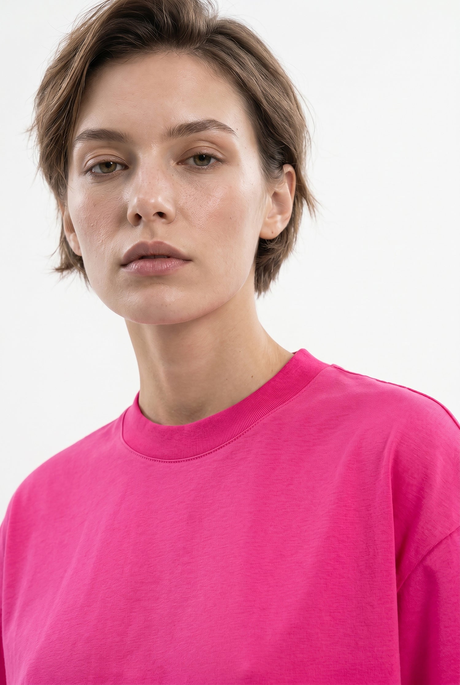 Kadın Basic Oversize Pamuklu Süprem T-Shirt Fuşya-3