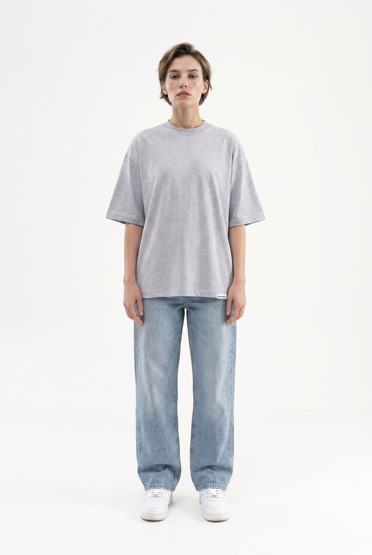 Kadın Basic Oversize Pamuklu Süprem T-Shirt Gri Melanj-4