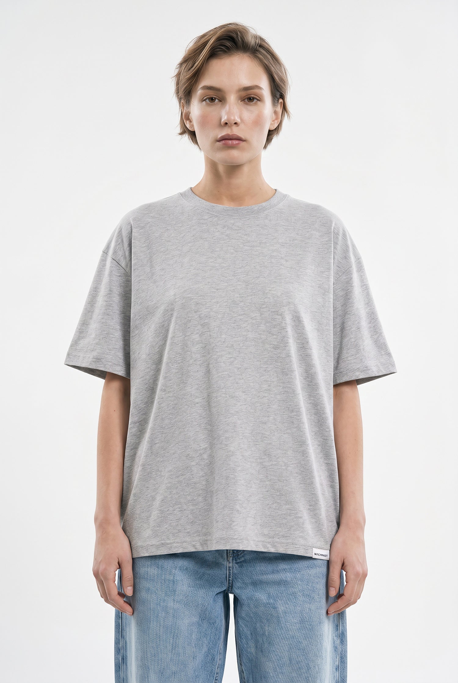 Kadın Basic Oversize Pamuklu Süprem T-Shirt Gri Melanj