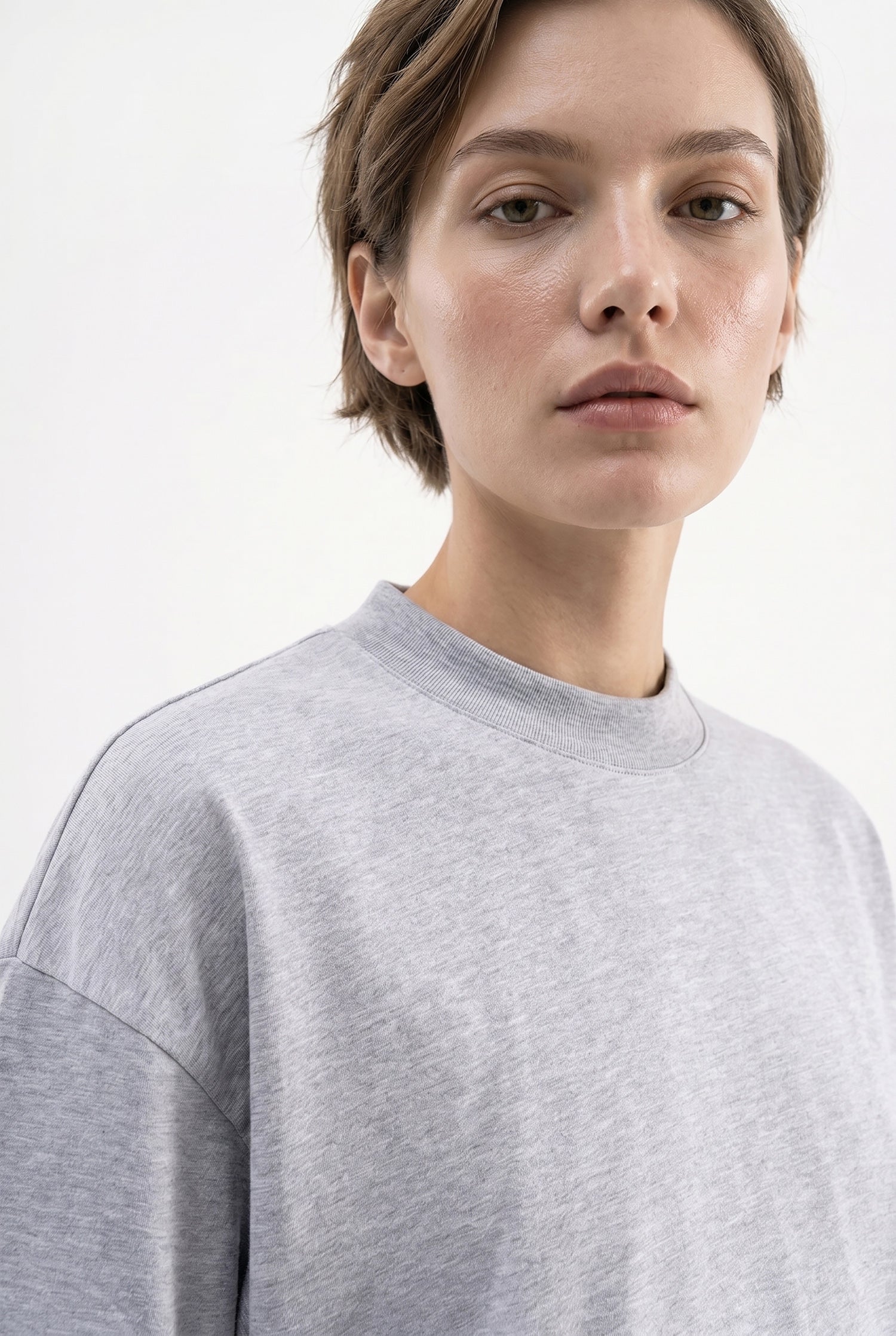 Kadın Basic Oversize Pamuklu Süprem T-Shirt Gri Melanj-3