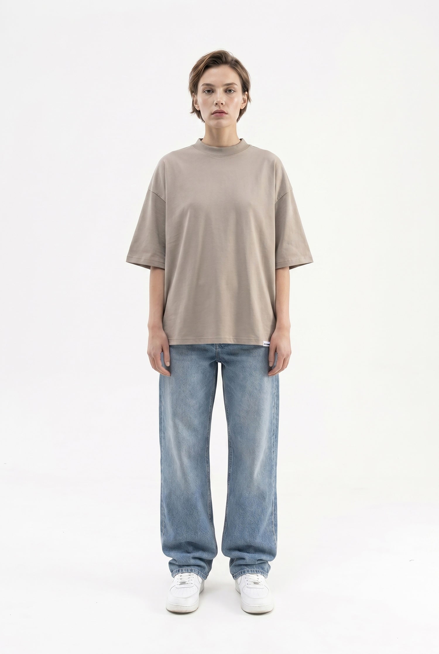 Kadın Basic Oversize Pamuklu Süprem T-Shirt Haki-4