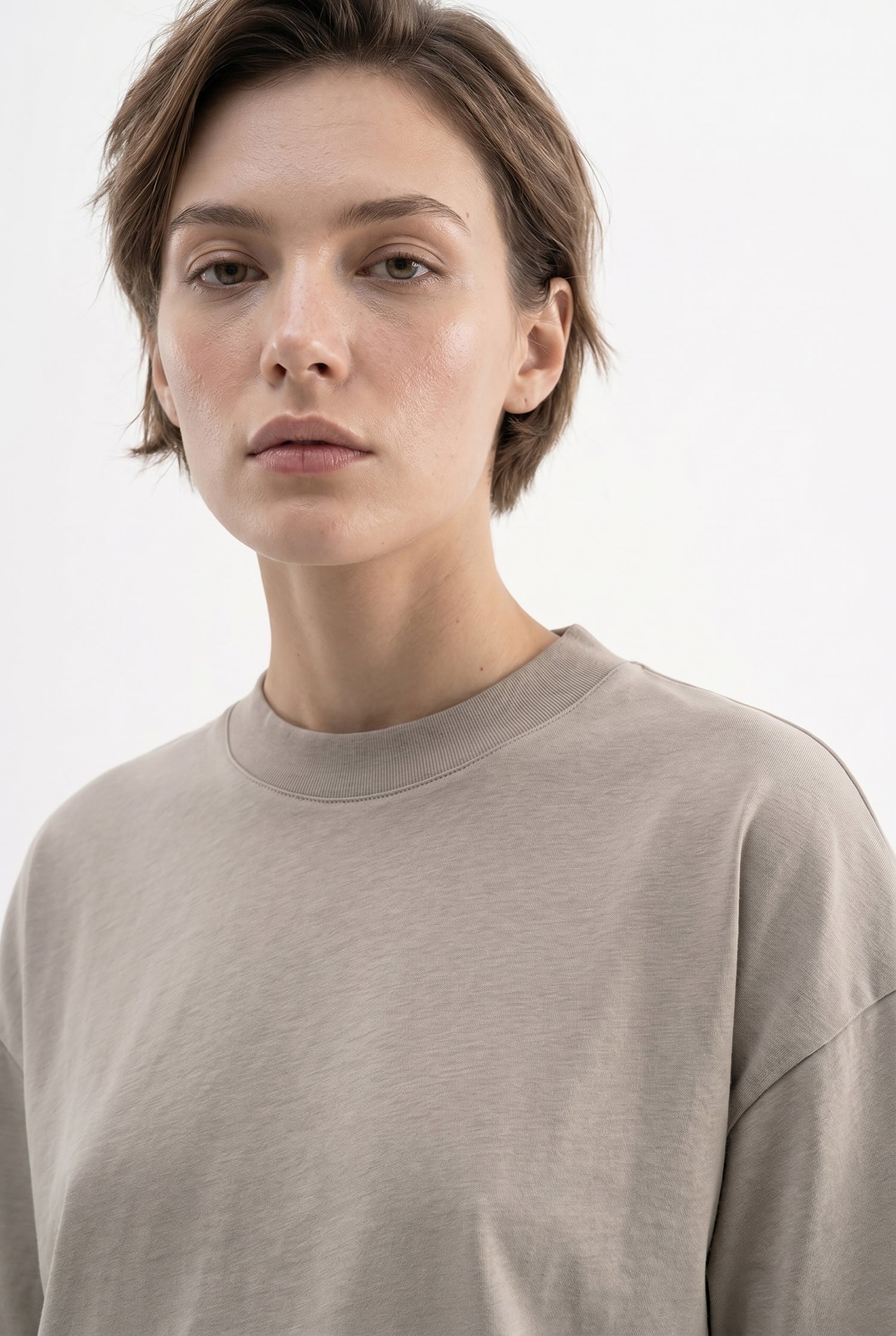 Kadın Basic Oversize Pamuklu Süprem T-Shirt Haki-3