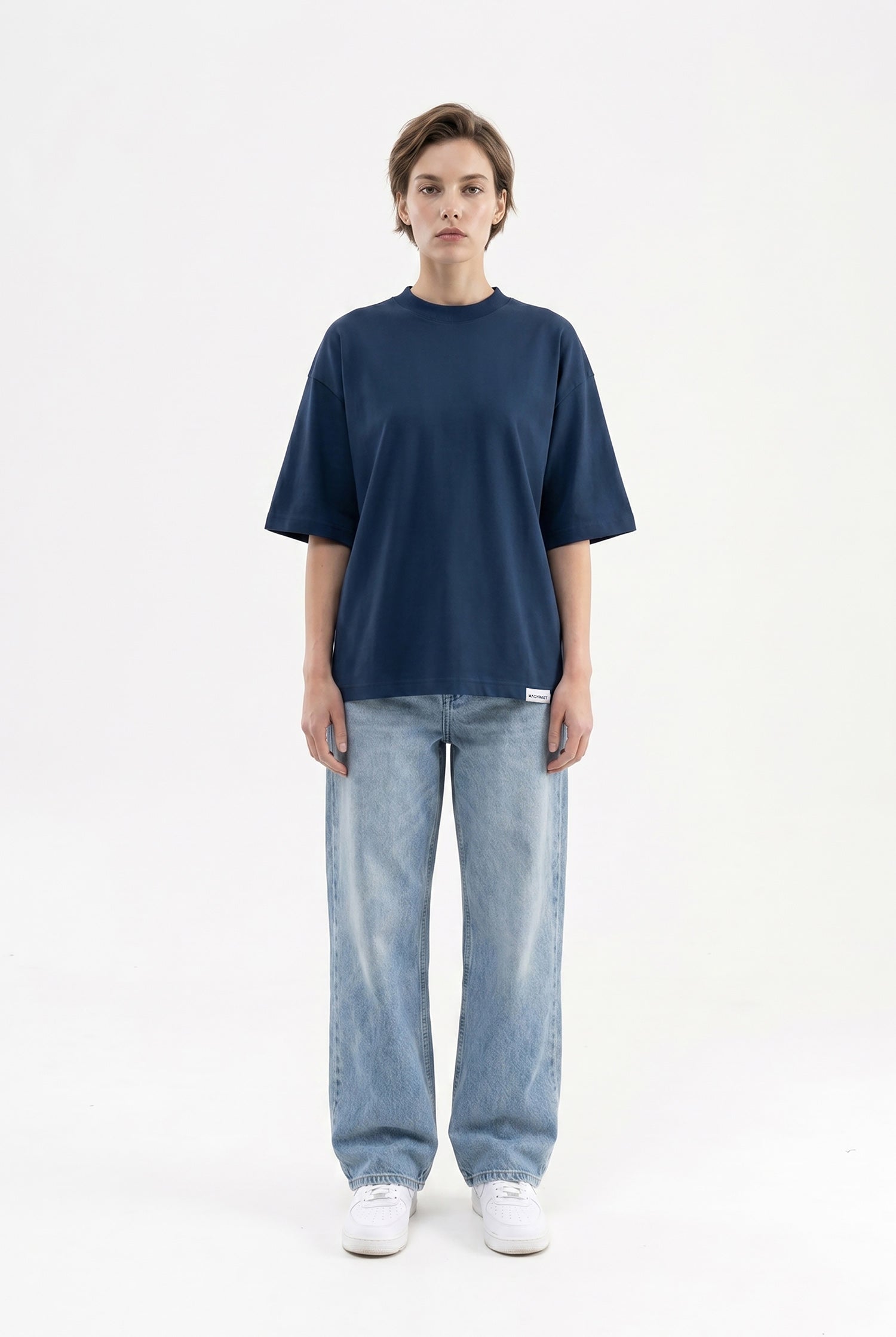 Kadın Basic Oversize Pamuklu Süprem T-Shirt Indigo-4