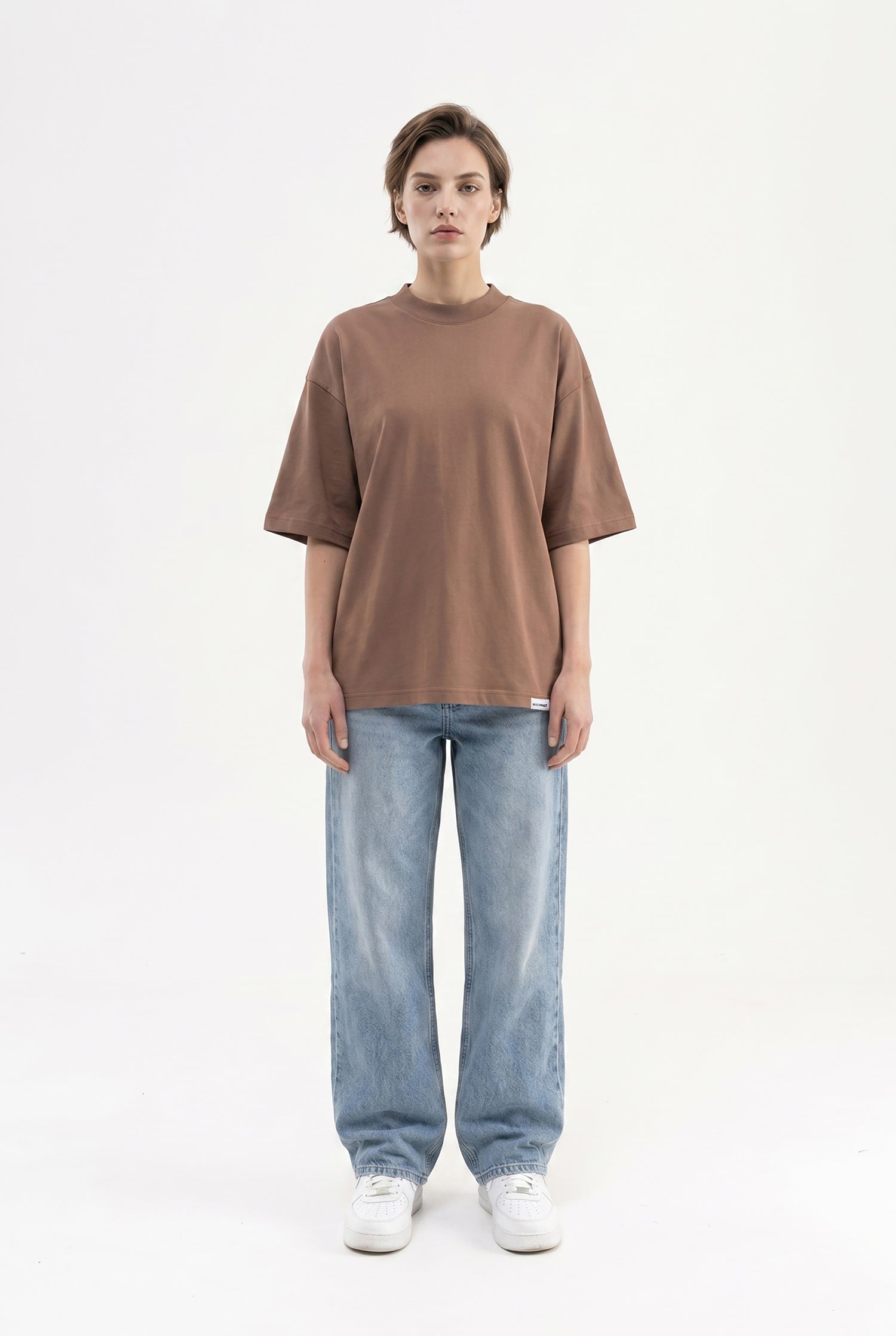 Kadın Basic Oversize Pamuklu Süprem T-Shirt Kakao-4