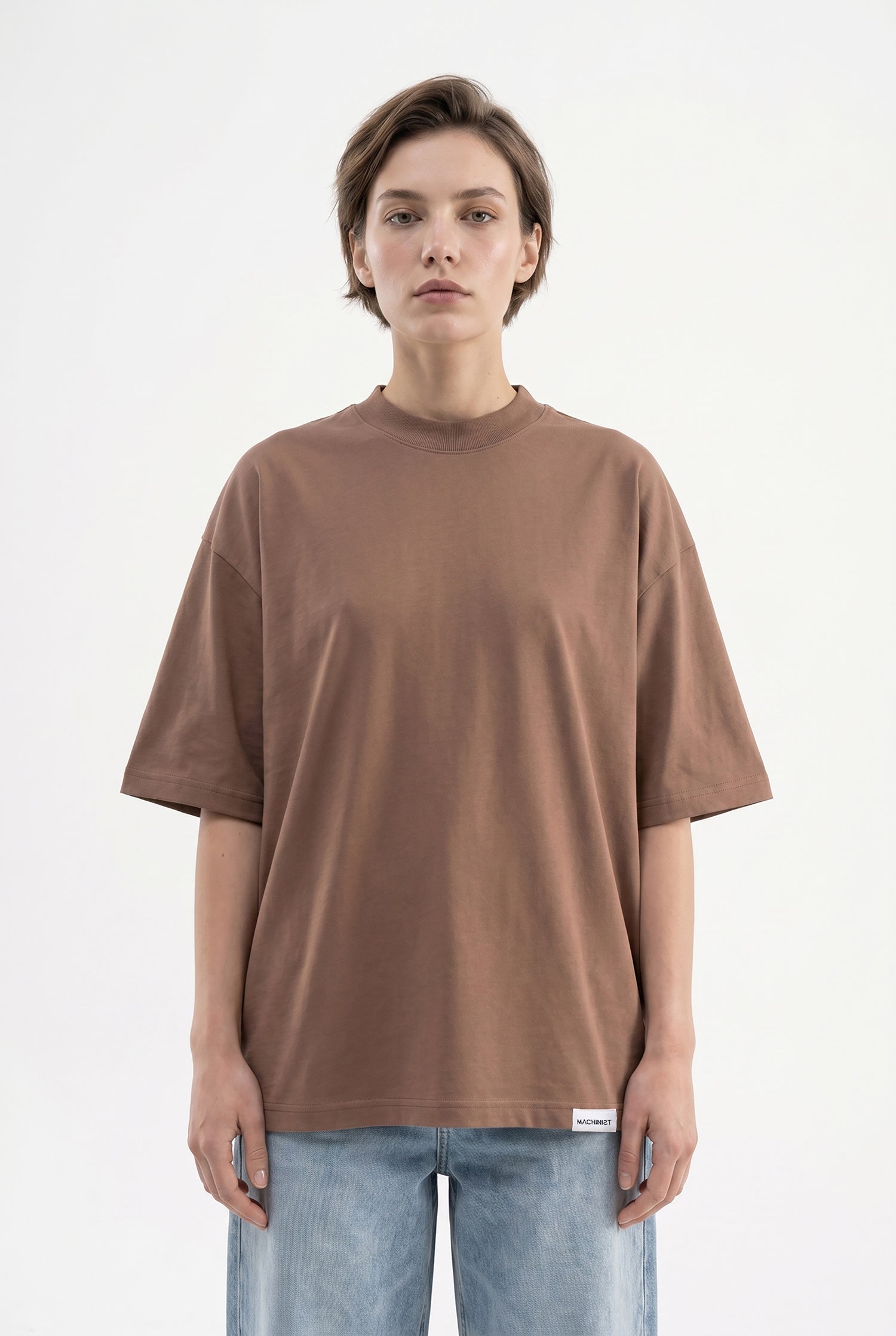 Kadın Basic Oversize Pamuklu Süprem T-Shirt Kakao
