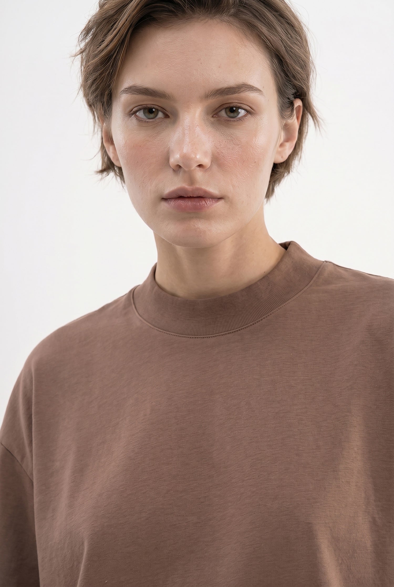 Kadın Basic Oversize Pamuklu Süprem T-Shirt Kakao-3