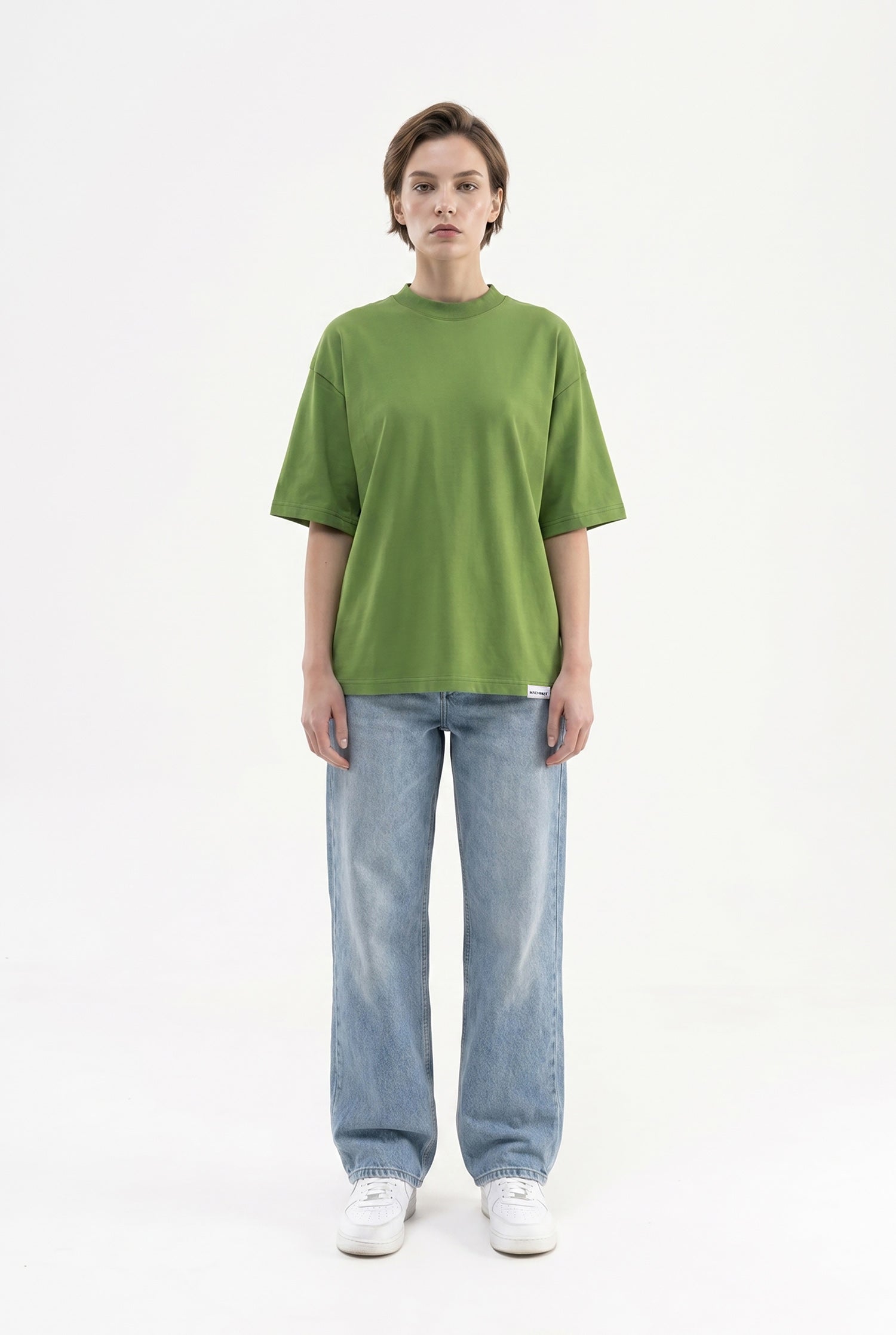 Kadın Basic Oversize Pamuklu Süprem T-Shirt Kale Yeşili-4