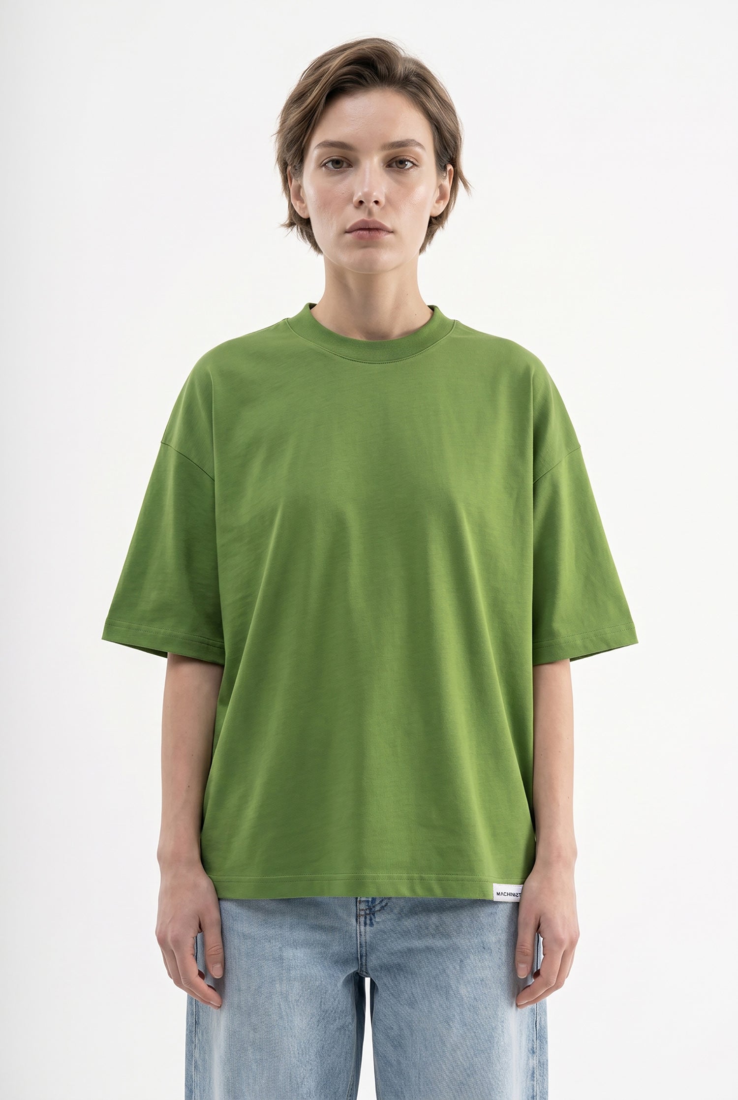 Kadın Basic Oversize Pamuklu Süprem T-Shirt Kale Yeşili