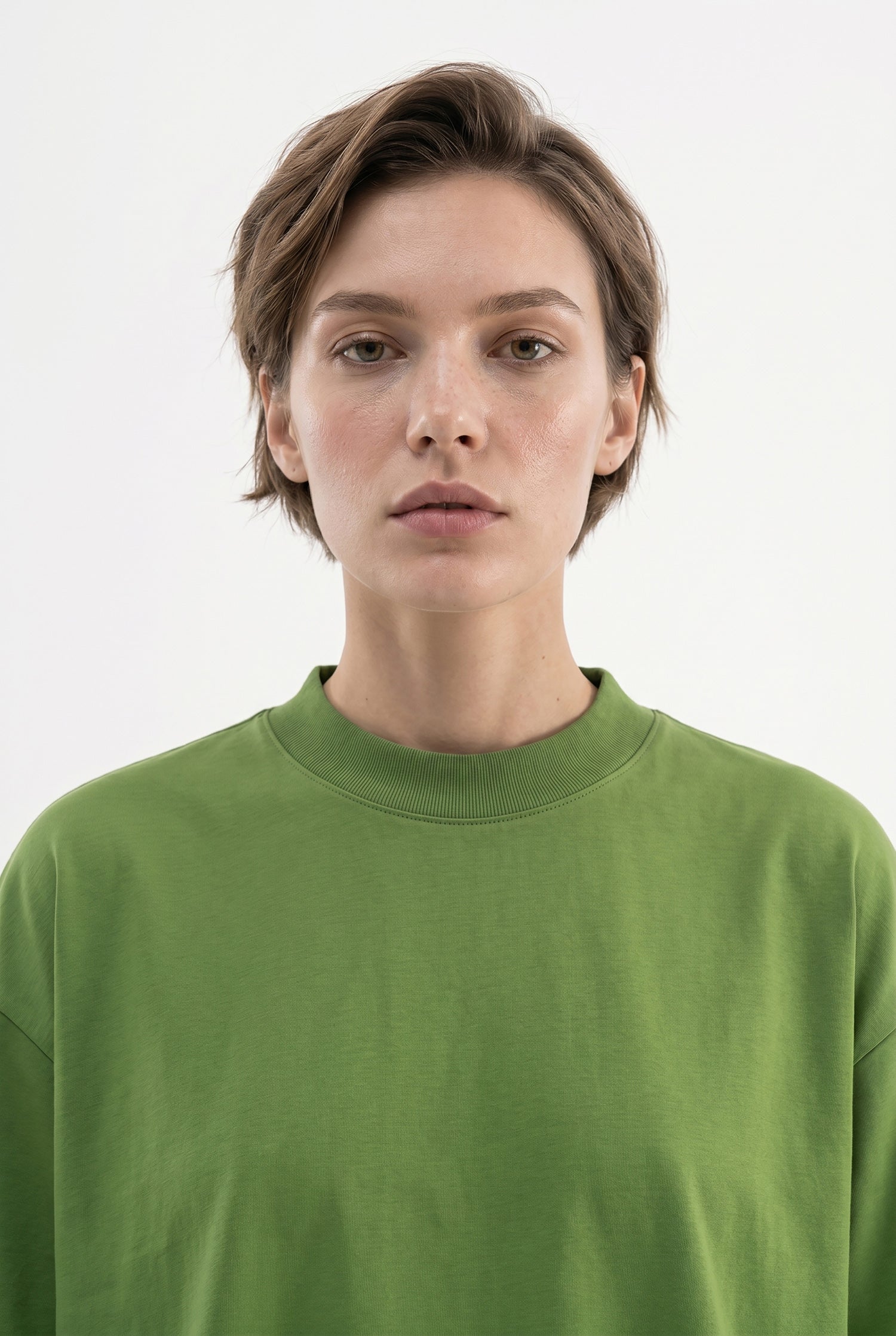 Kadın Basic Oversize Pamuklu Süprem T-Shirt Kale Yeşili-3