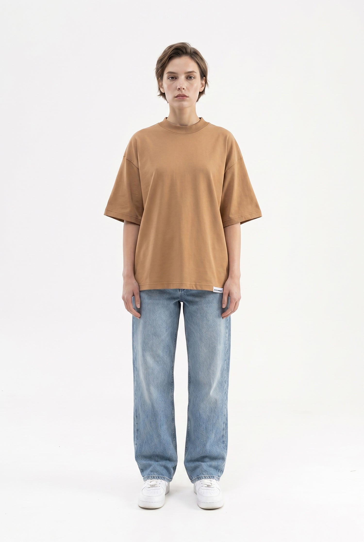 Kadın Basic Oversize Pamuklu Süprem T-Shirt Kapuçino-4