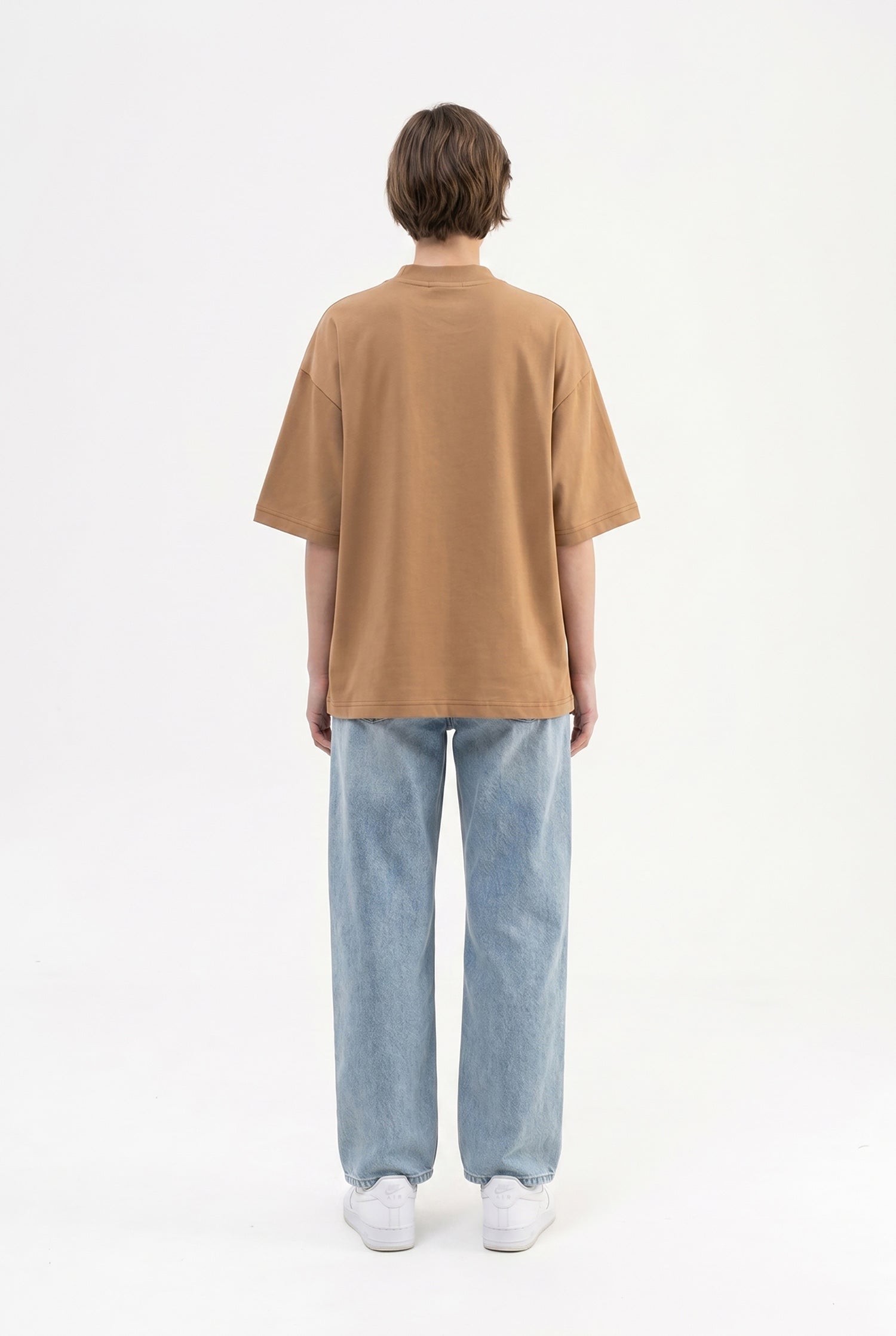 Kadın Basic Oversize Pamuklu Süprem T-Shirt Kapuçino-5