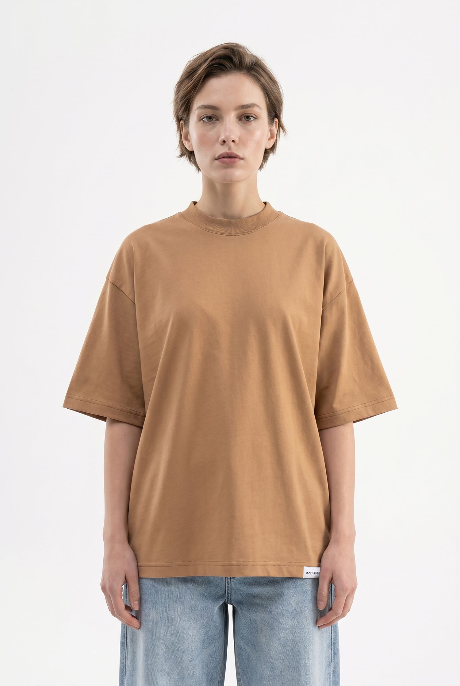 Kadın Basic Oversize Pamuklu Süprem T-Shirt Kapuçino