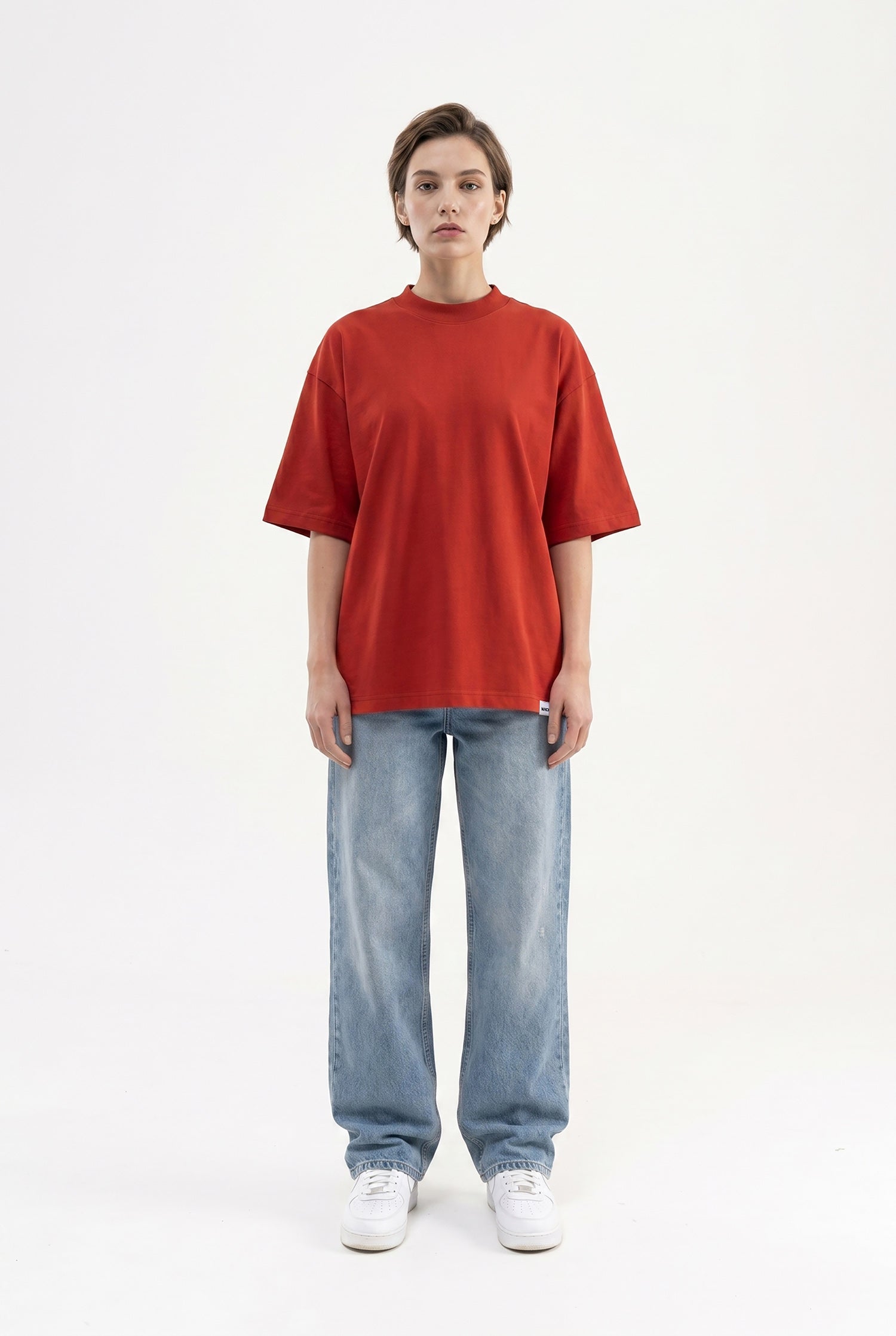 Kadın Basic Oversize Pamuklu Süprem T-Shirt Kiremit-4