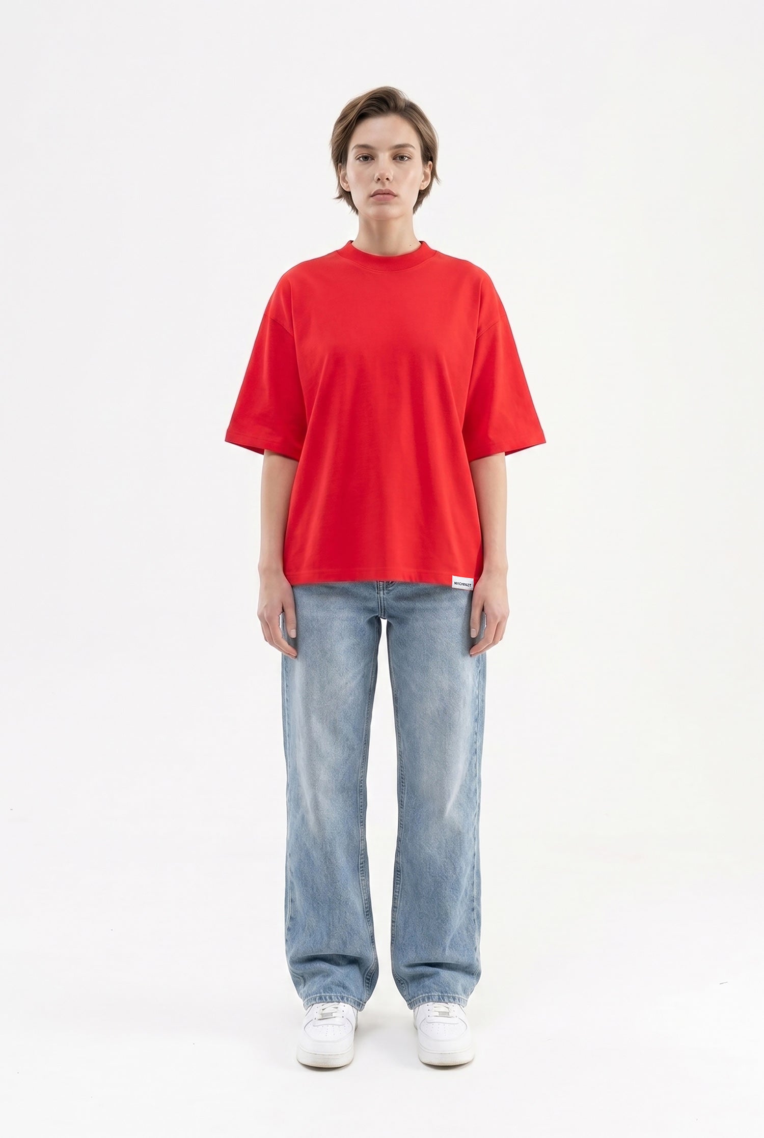 Kadın Basic Oversize Pamuklu Süprem T-Shirt Kırmızı-4