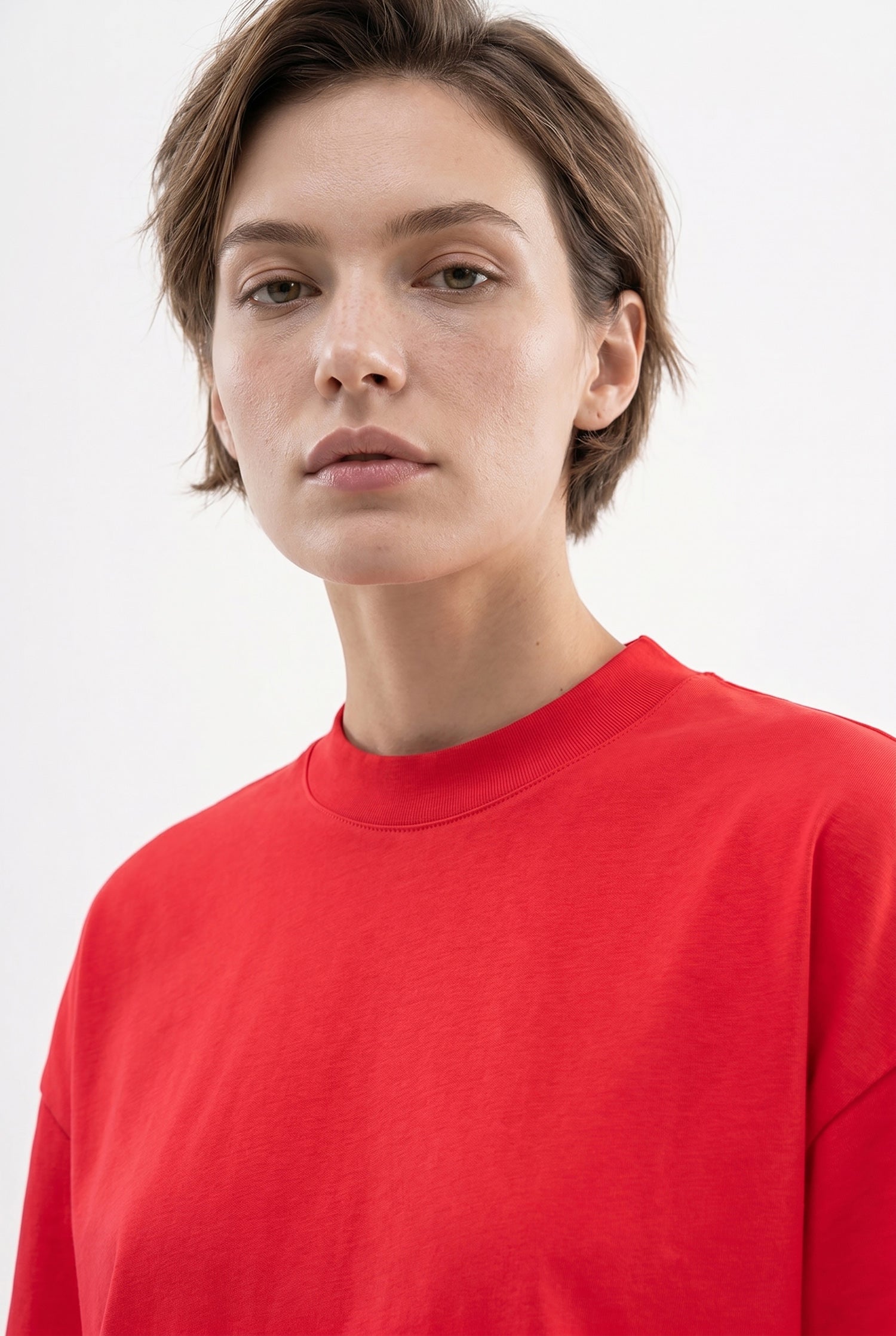 Kadın Basic Oversize Pamuklu Süprem T-Shirt Kırmızı-3