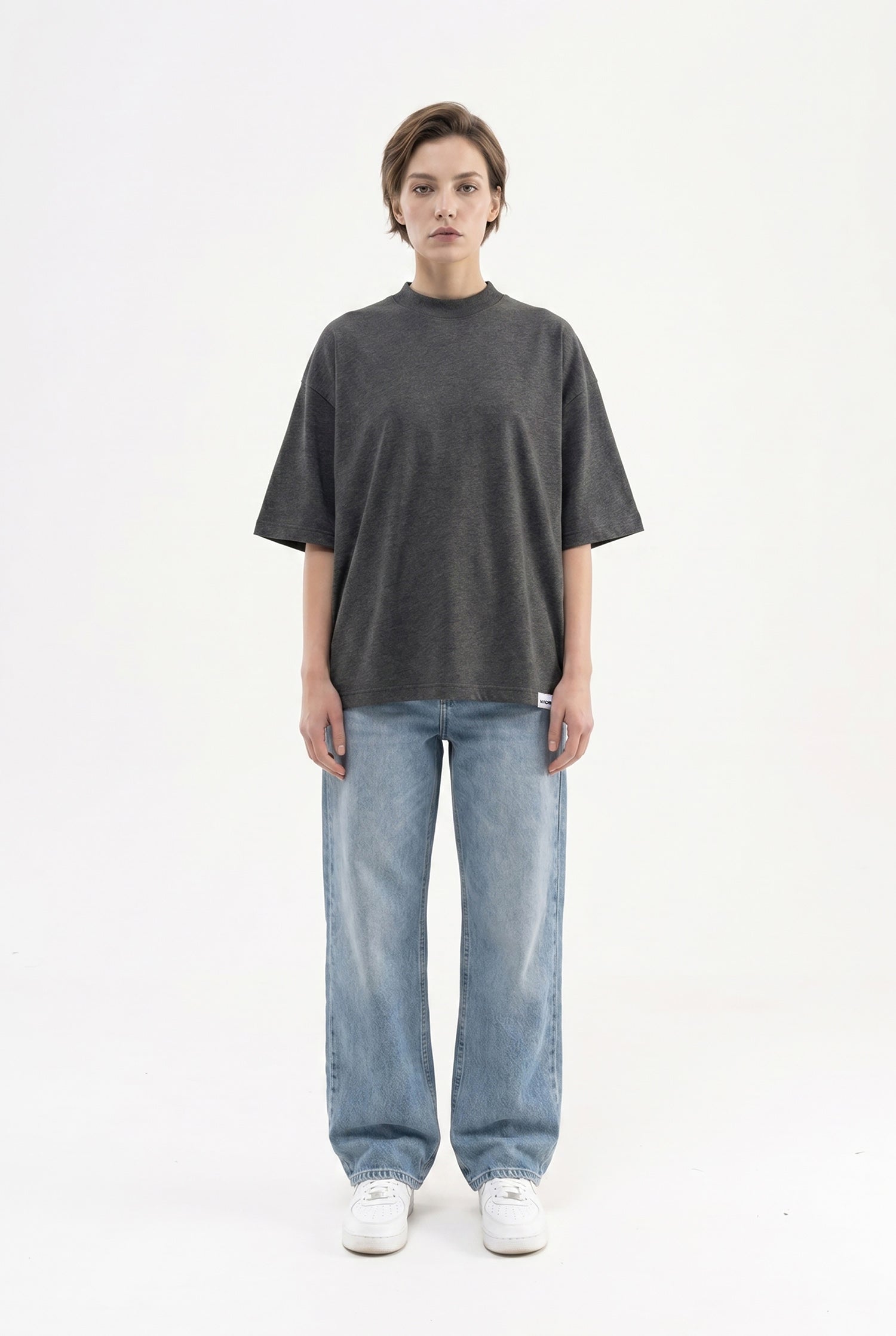 Kadın Basic Oversize Pamuklu Süprem T-Shirt Koyu Antrasit-4