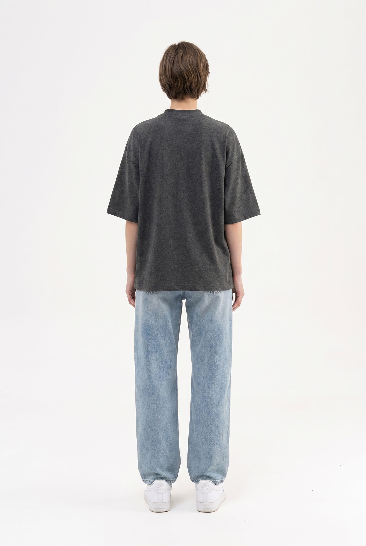 Kadın Basic Oversize Pamuklu Süprem T-Shirt Koyu Antrasit-5