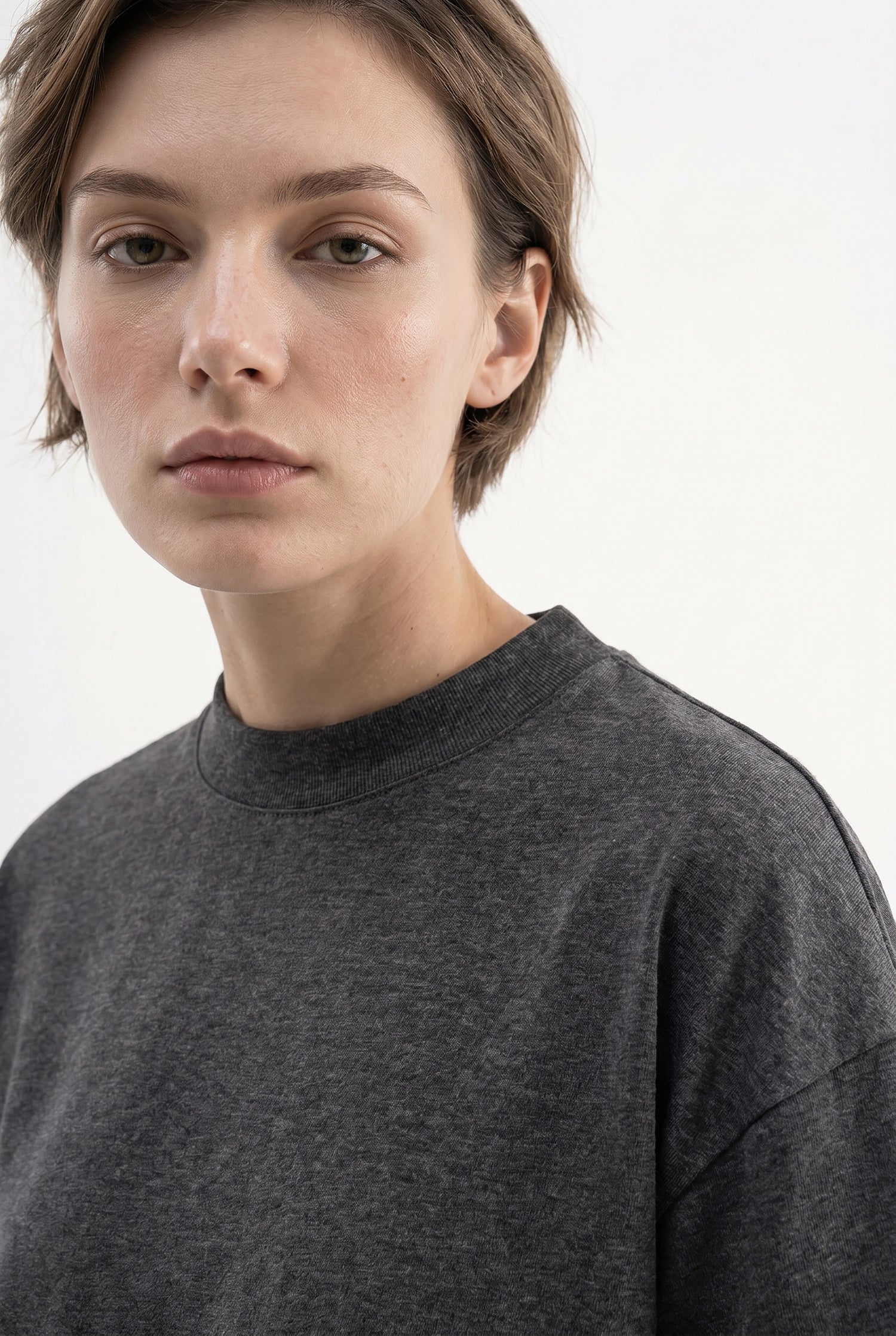 Kadın Basic Oversize Pamuklu Süprem T-Shirt Koyu Antrasit-3