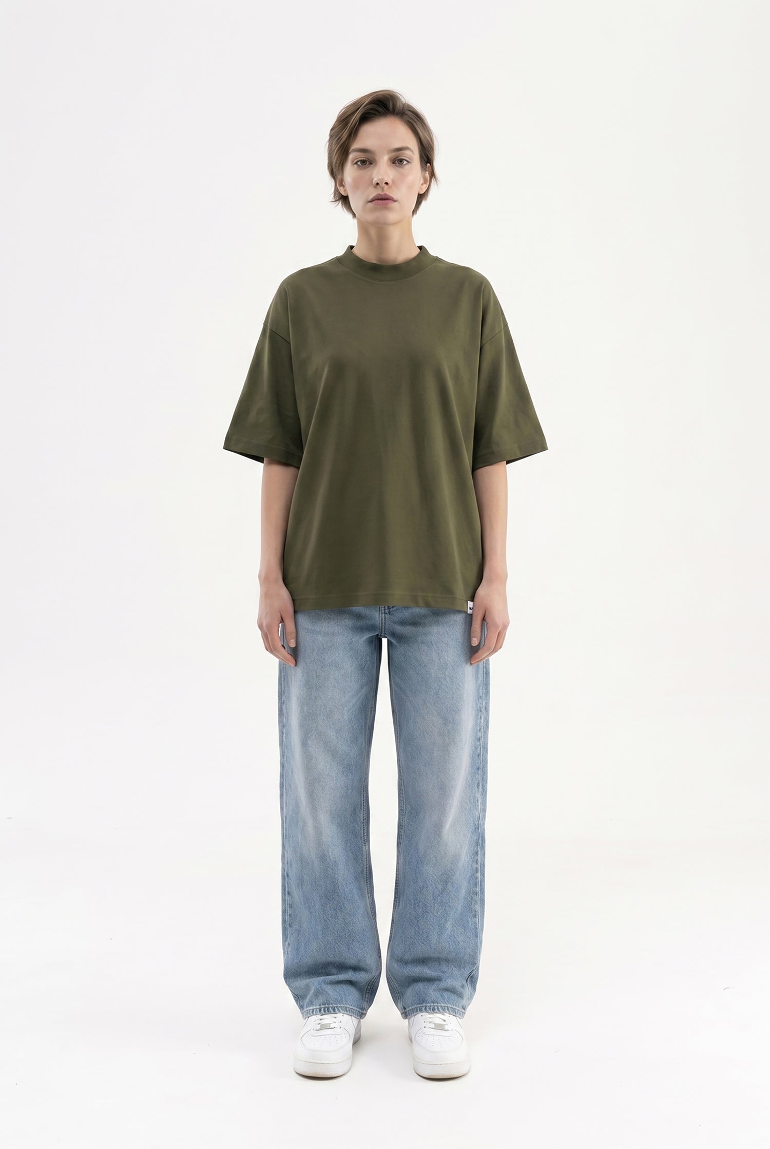 Kadın Basic Oversize Pamuklu Süprem T-Shirt Koyu Haki-4