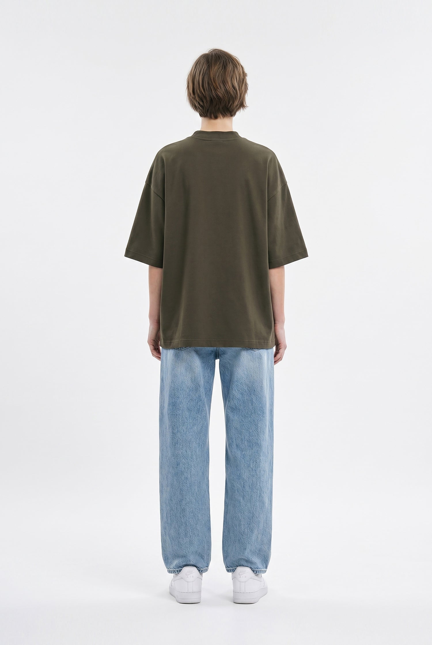 Kadın Basic Oversize Pamuklu Süprem T-Shirt Koyu Haki-5